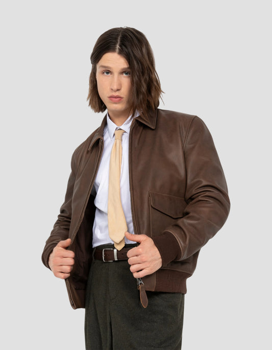 Blouson pilote marron effet vieilli, cuir de chèvre