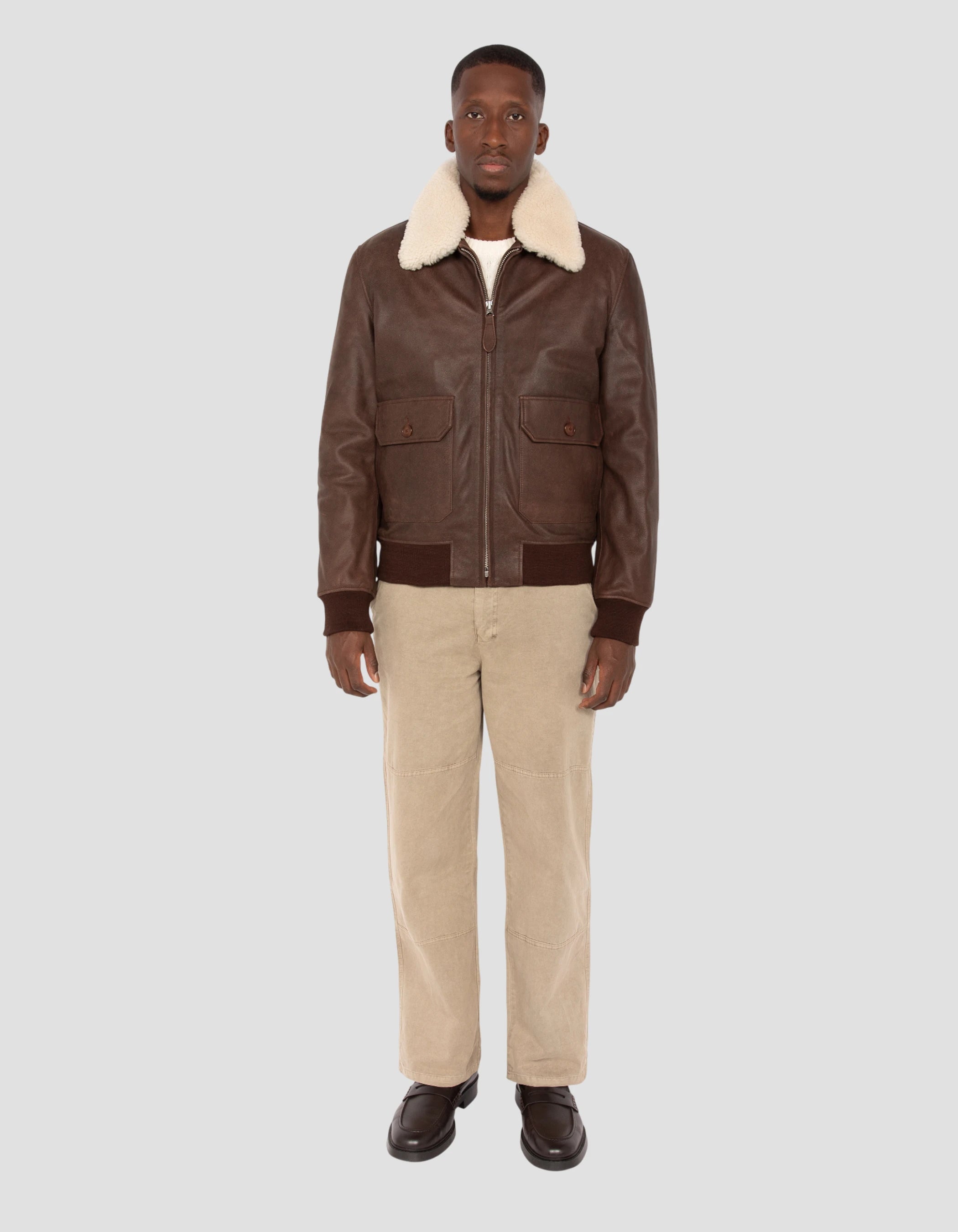 Chaqueta marrón de aviador vintage, cuero de cabra-1