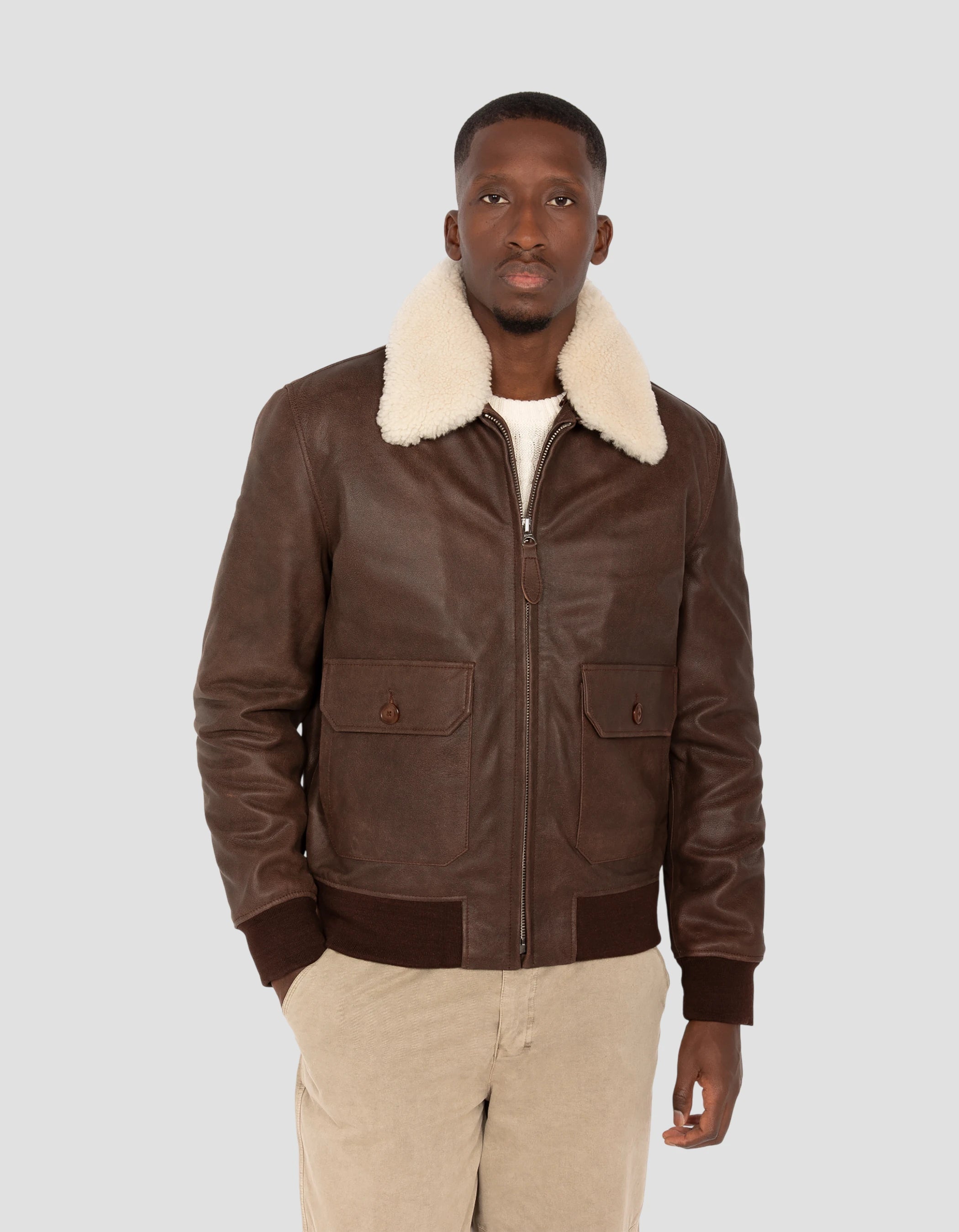 Chaqueta marrón de aviador vintage, cuero de cabra-3