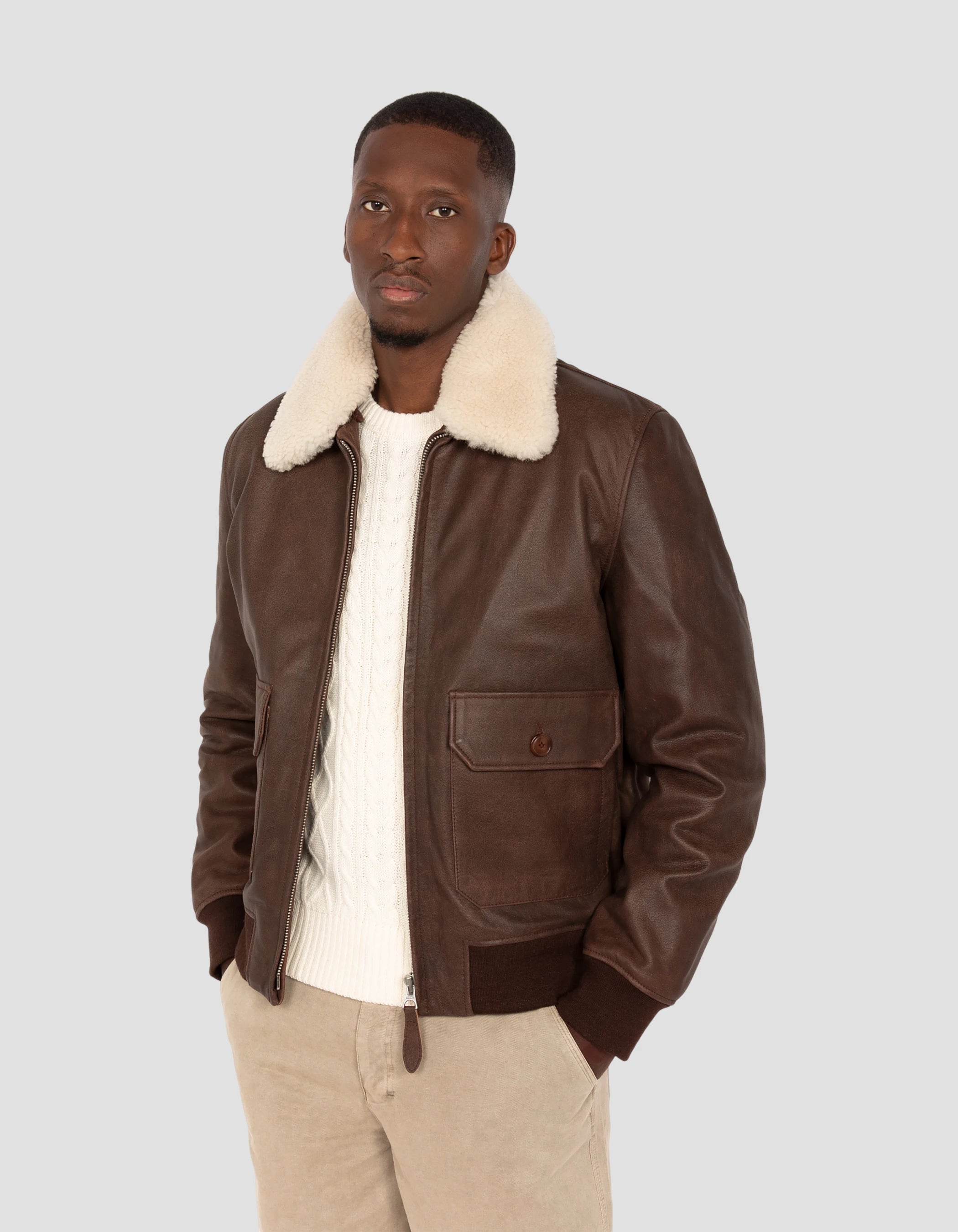 Chaqueta marrón de aviador vintage, cuero de cabra-4