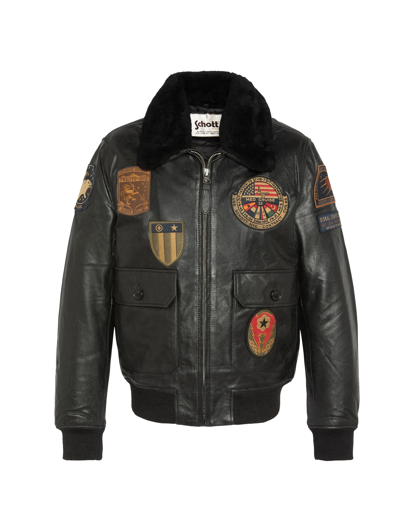 Blouson noir aviateur vintage badgé, cuir de chèvre