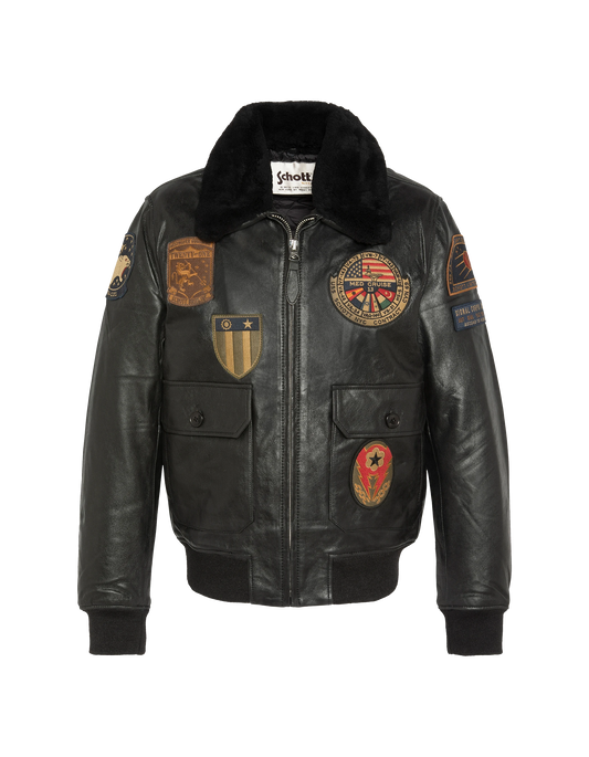 Blouson noir aviateur vintage badgé, cuir de chèvre