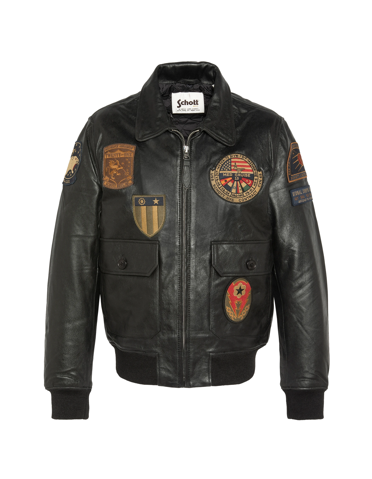 Blouson noir aviateur vintage badgé, cuir de chèvre