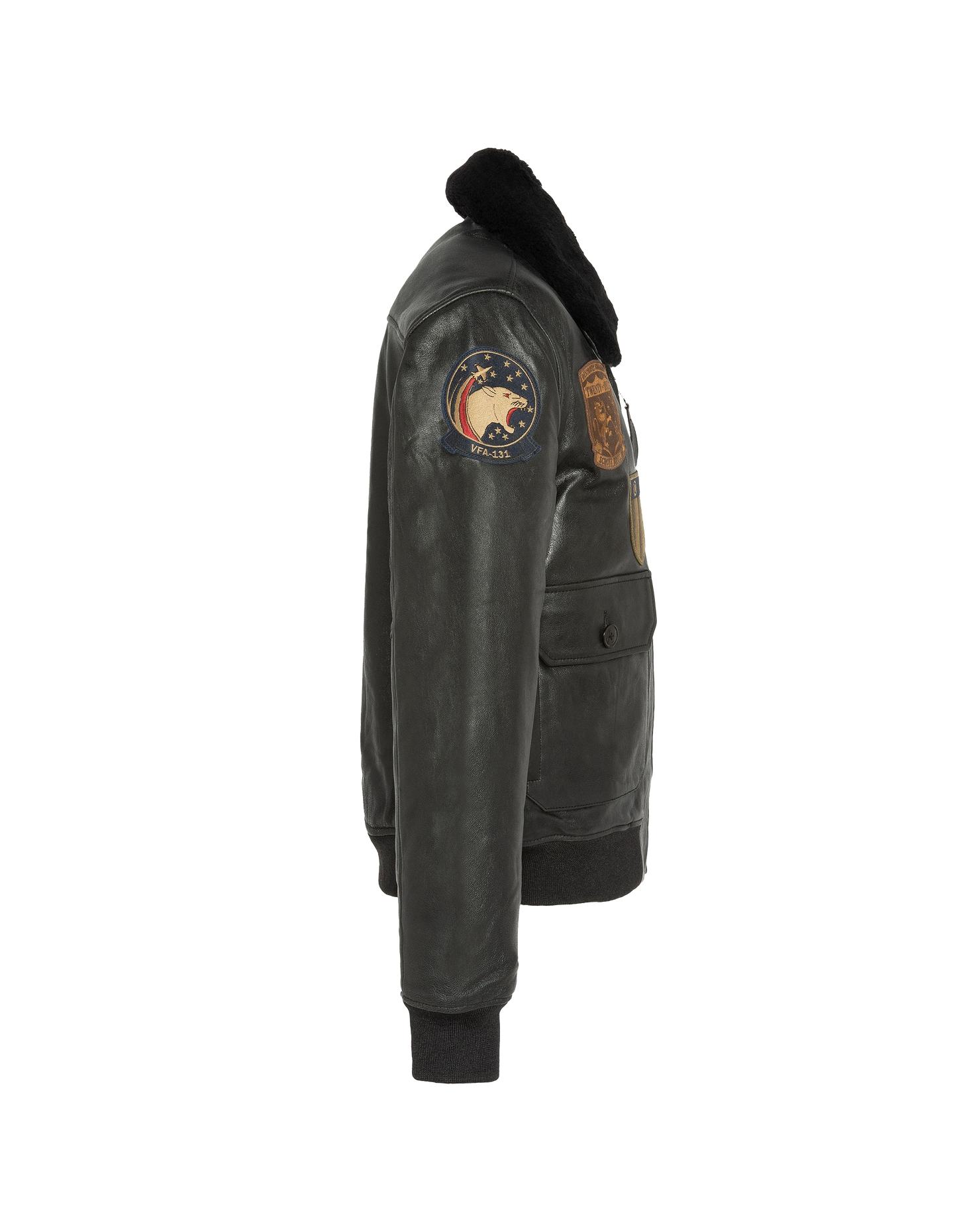 Blouson noir aviateur vintage badgé, cuir de chèvre