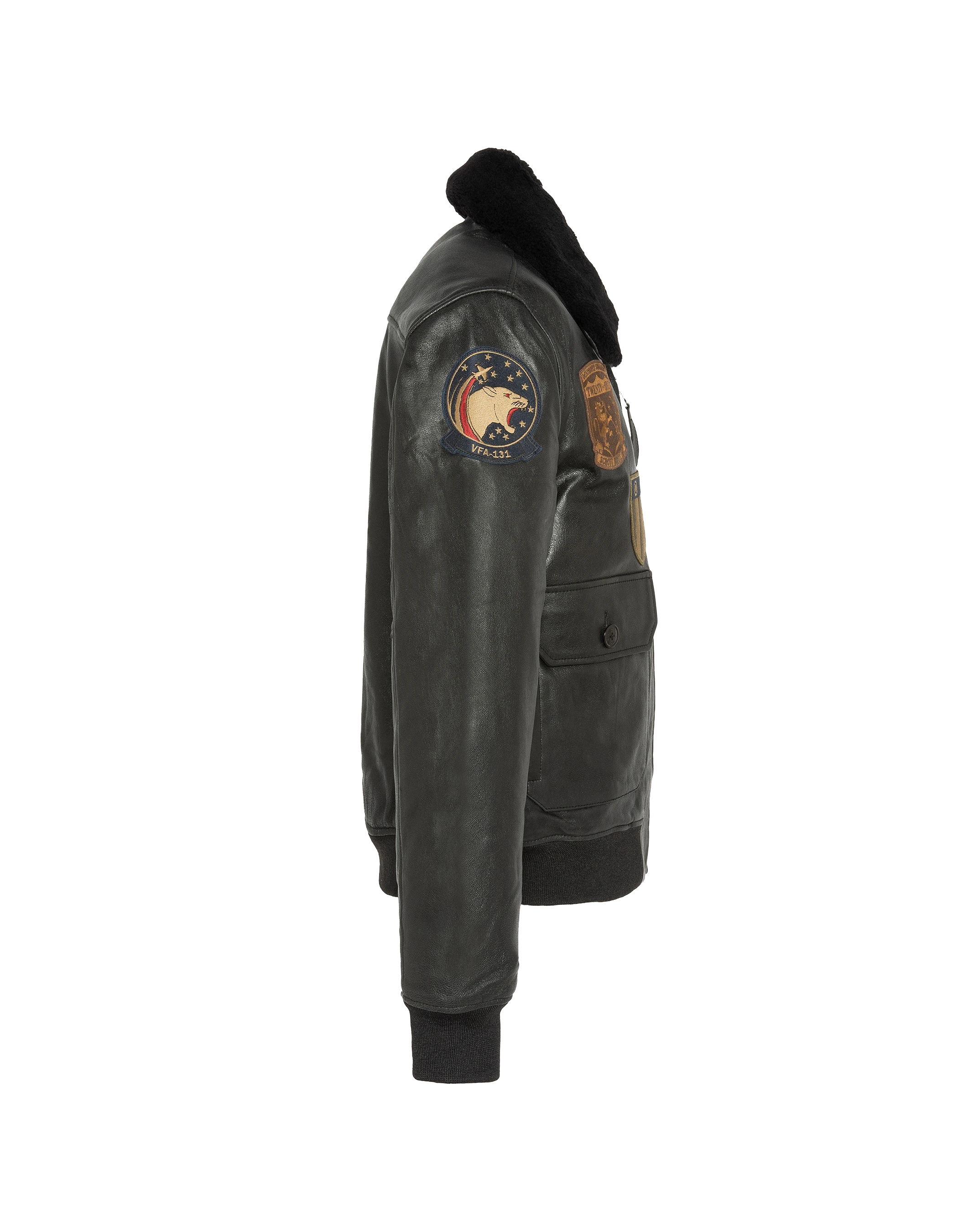 Blouson noir aviateur vintage badgé, cuir de chèvre-4