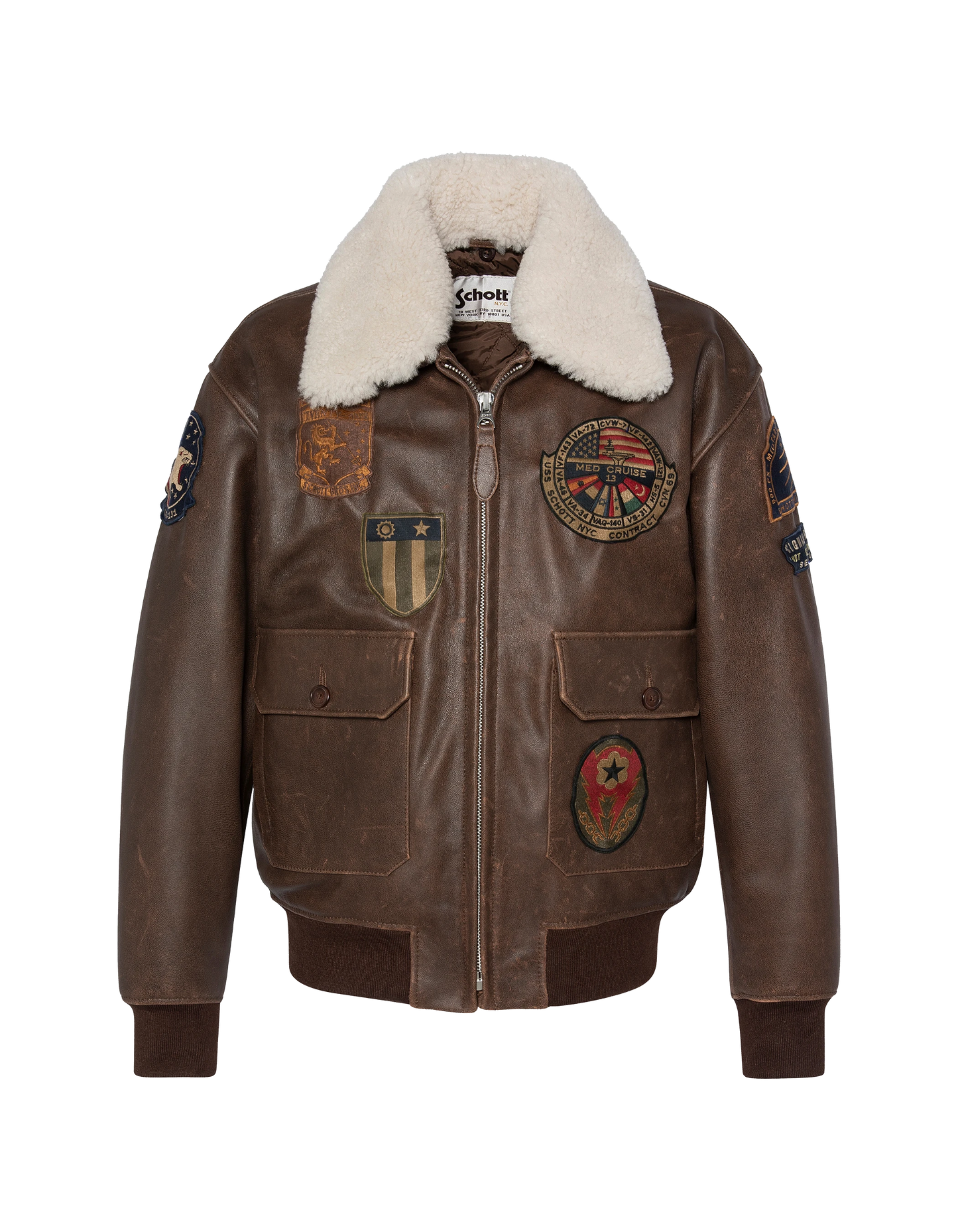 Blouson marron aviateur vintage badgé, cuir de chèvre