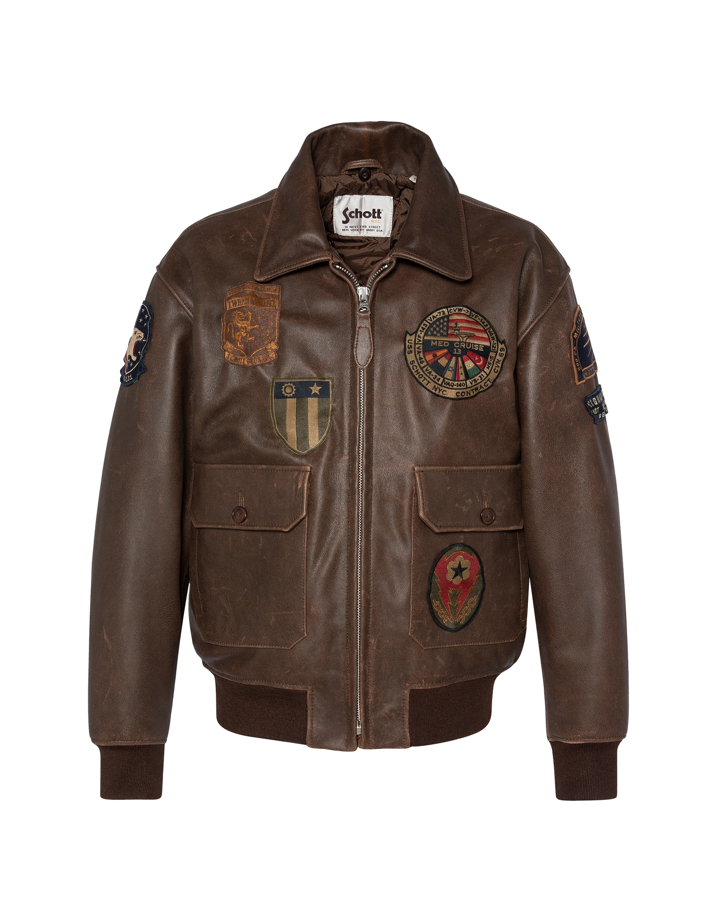 Blouson marron aviateur vintage badgé, cuir de chèvre