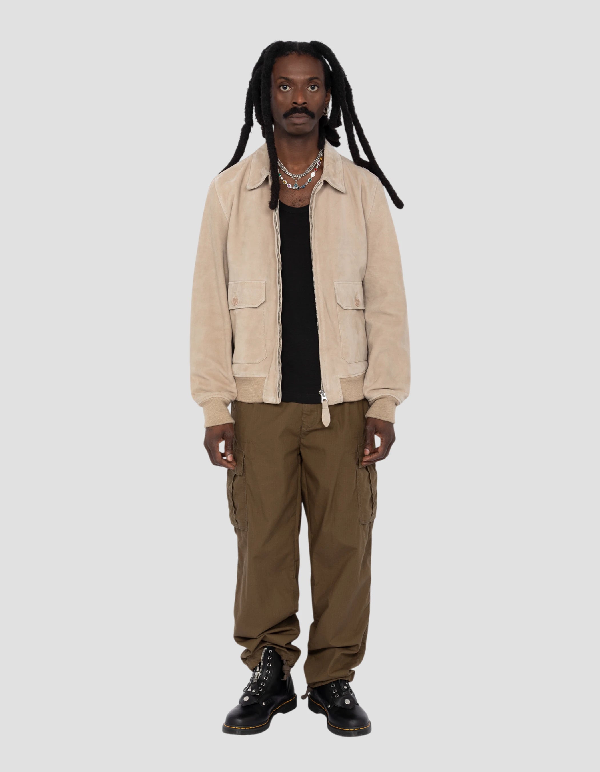 Blouson aviateur beige, chèvre velours-1