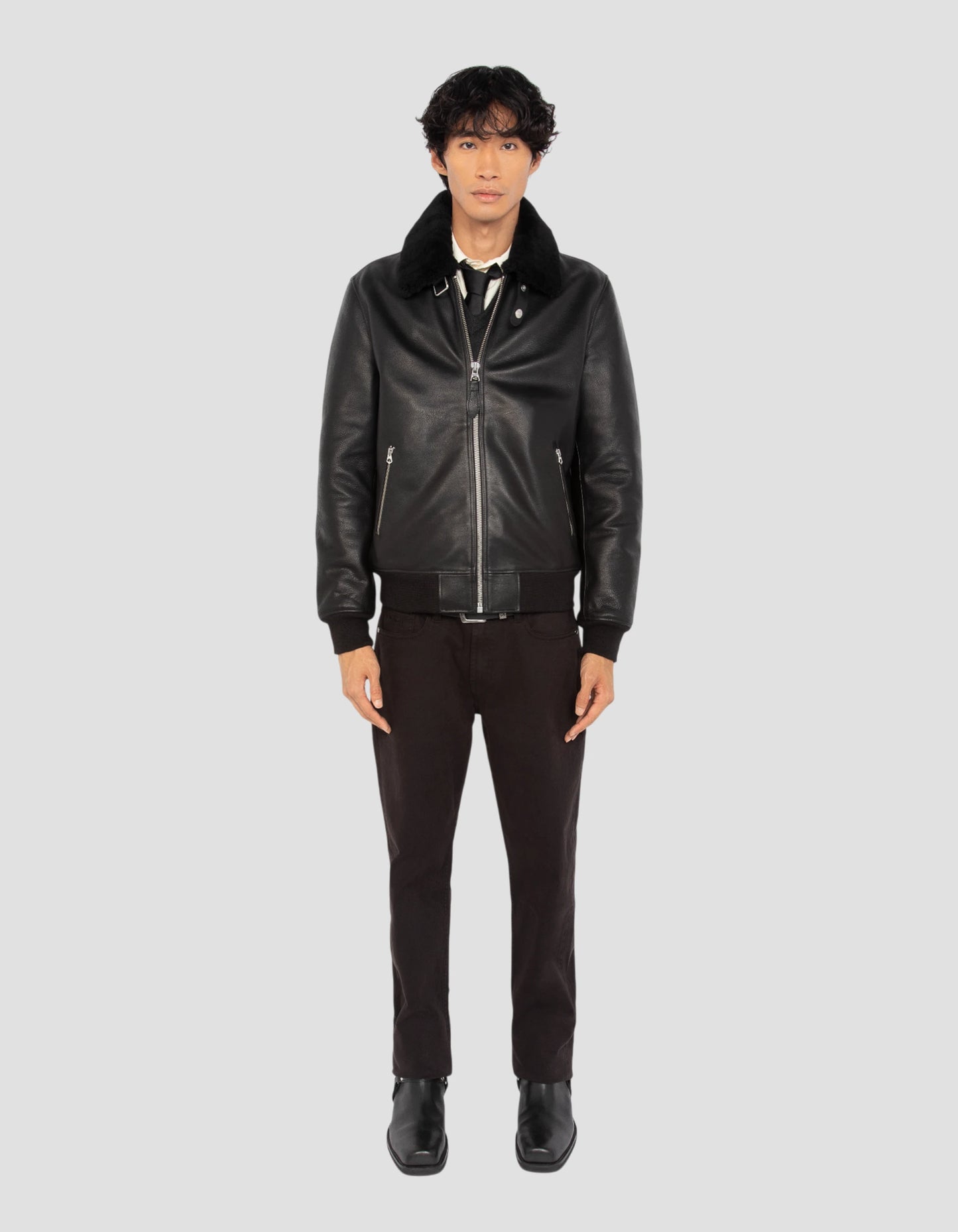 Aviator black jacket, cowhide leather