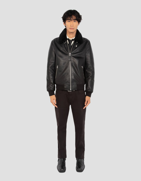 Aviator black jacket, cowhide leather