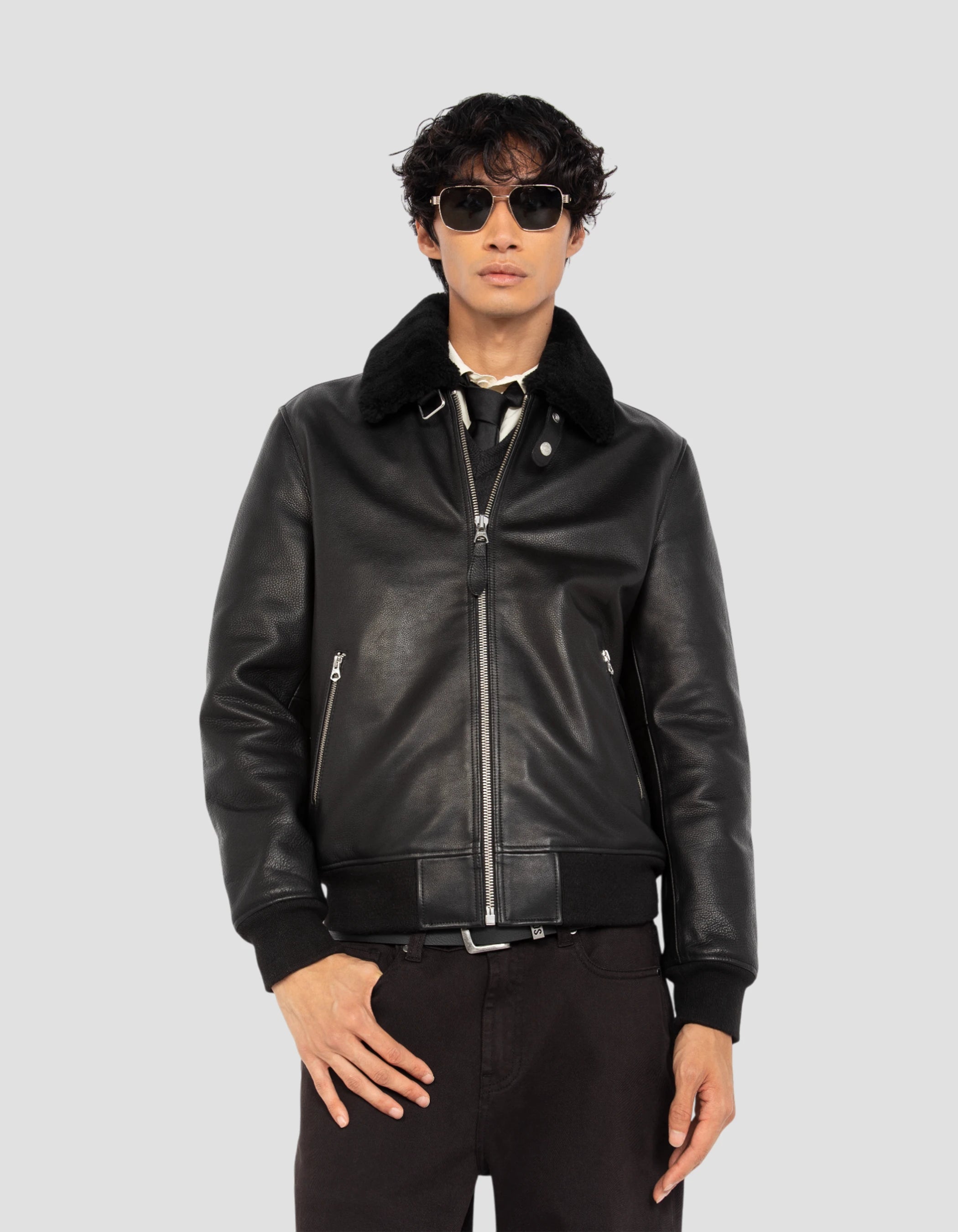 Aviator black jacket, cowhide leather-3