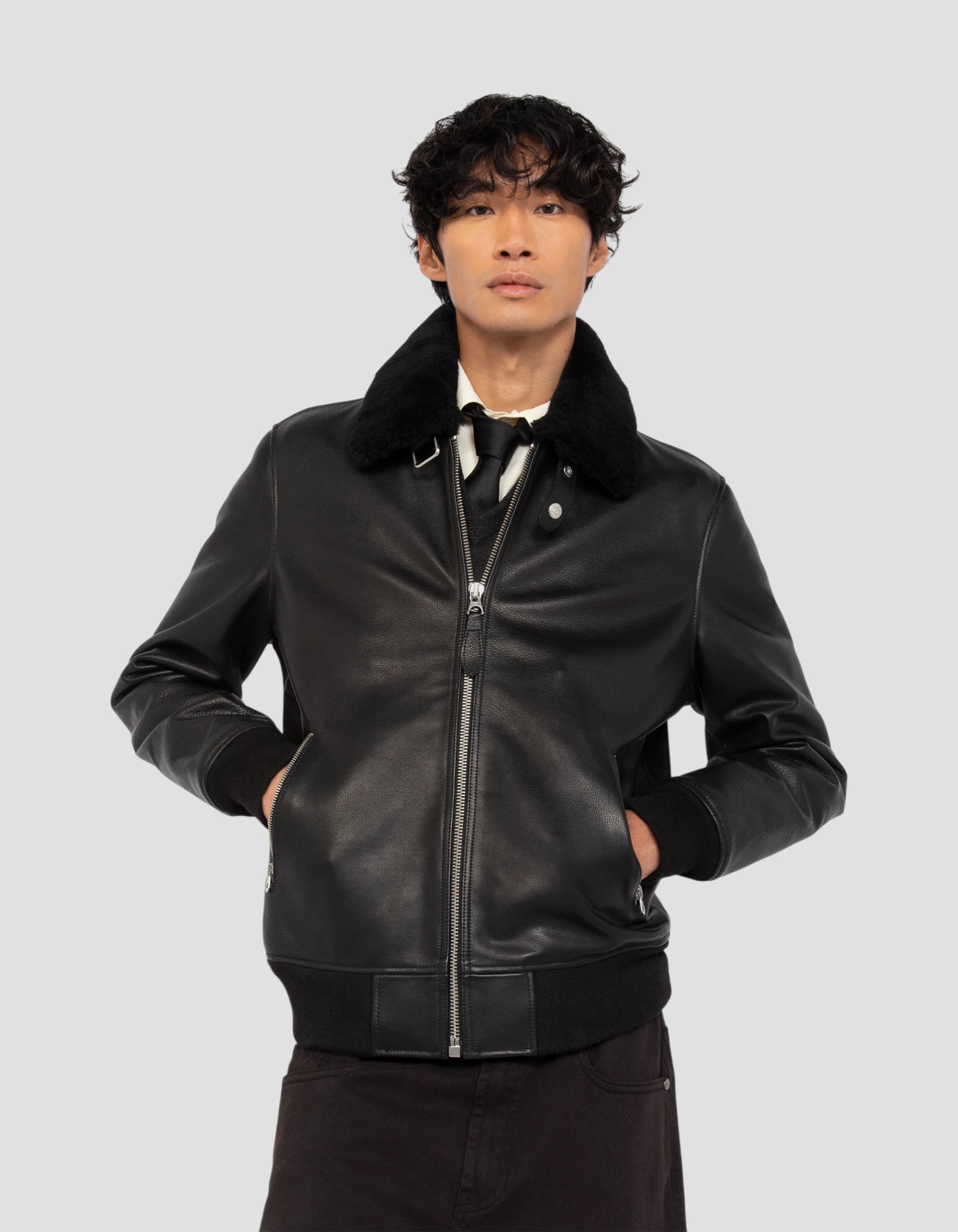 Aviator black jacket, cowhide leather-4