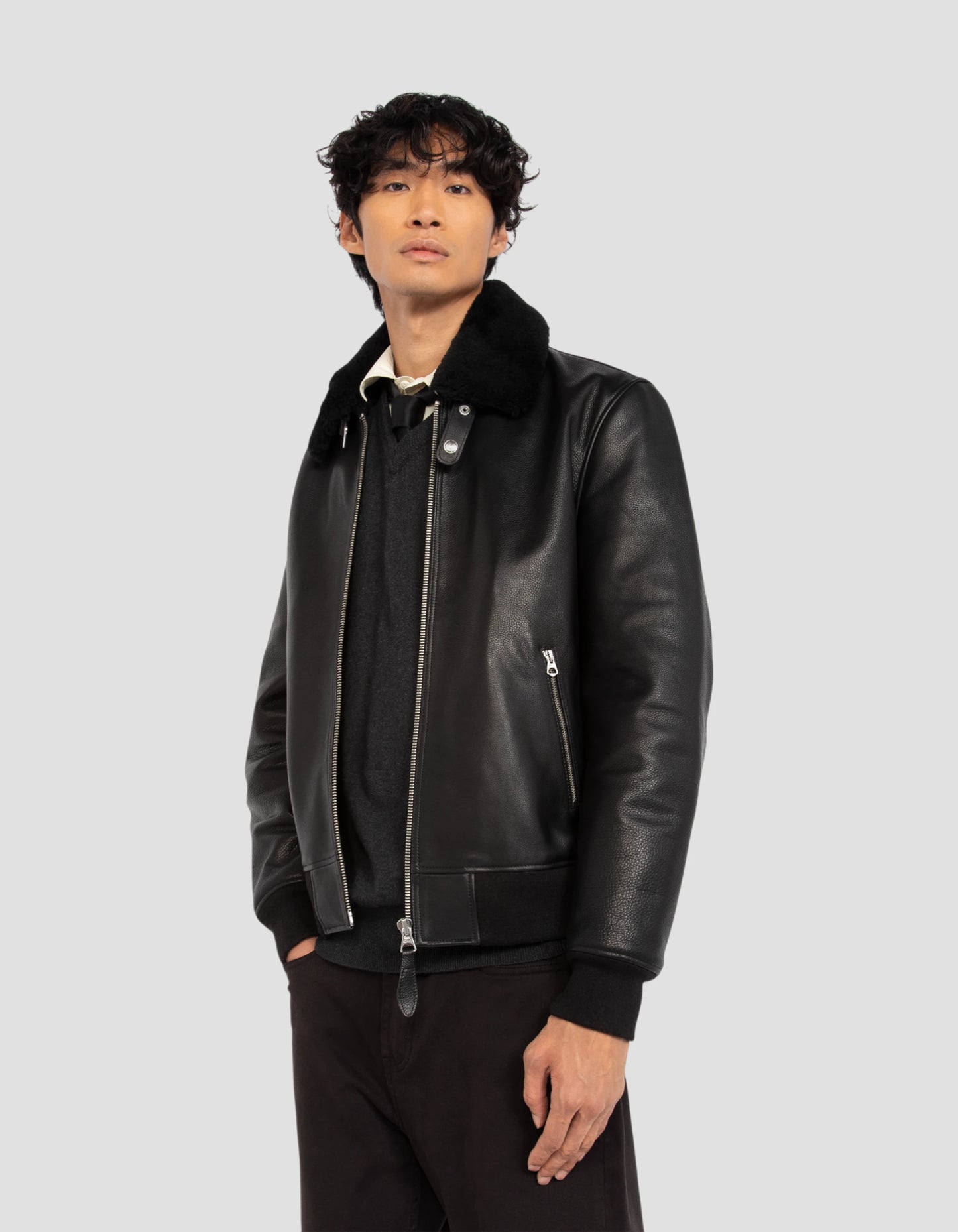 Aviator black jacket, cowhide leather