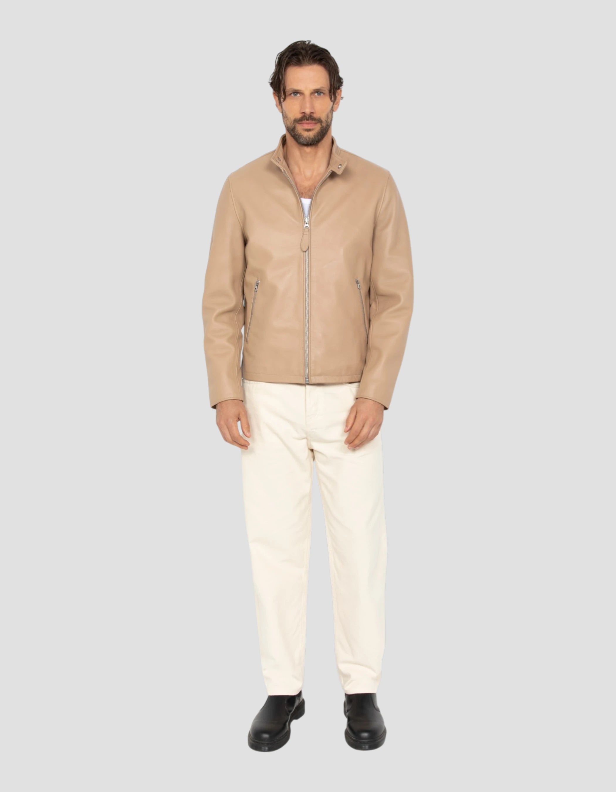 Beige biker jacket, lambskin leather-1