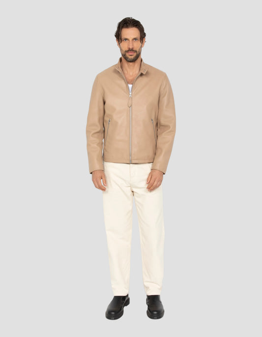 Blouson motard beige, cuir d'agneau