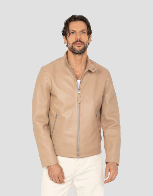 Blouson motard beige, cuir d'agneau