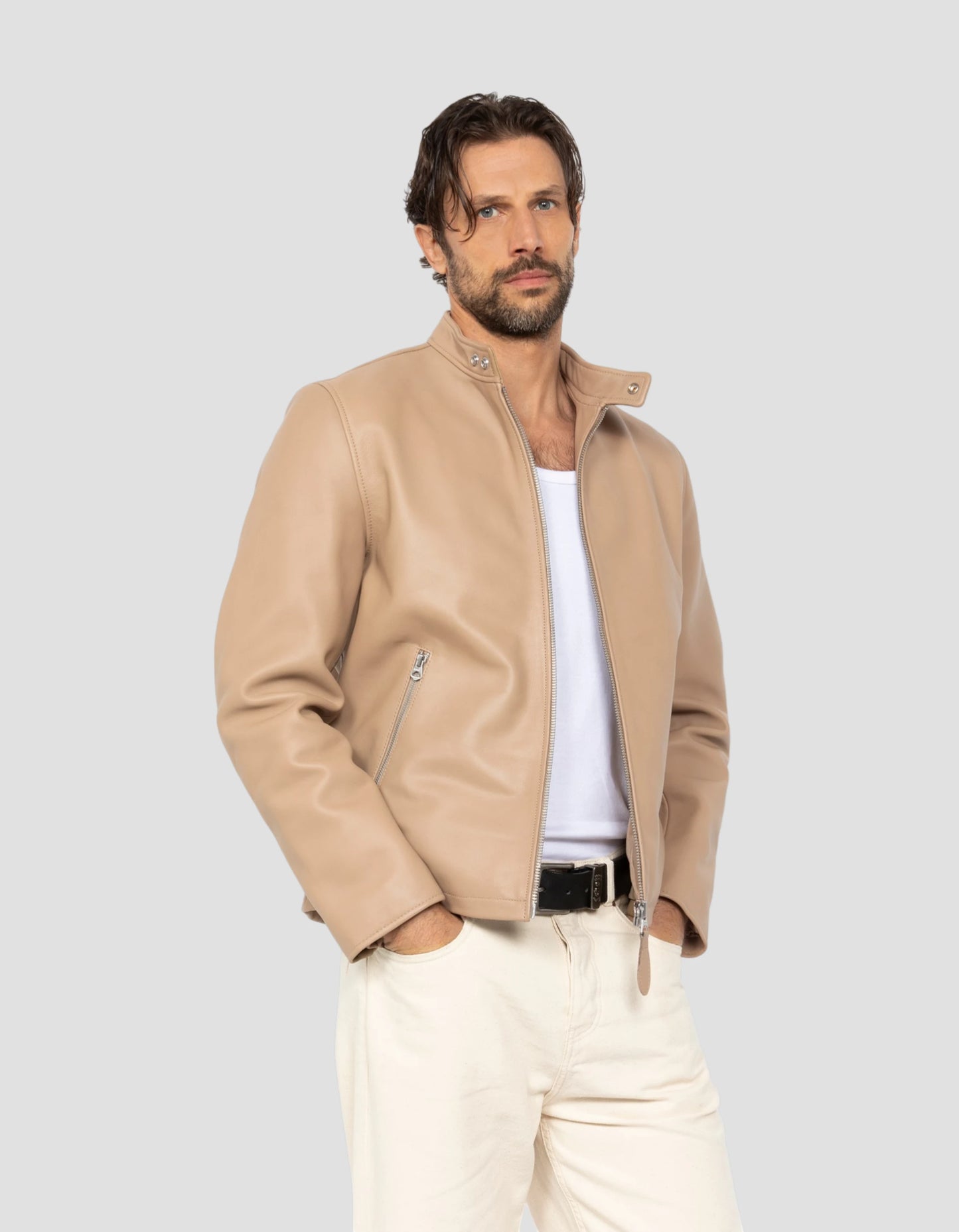 Beige biker jacket, lambskin leather