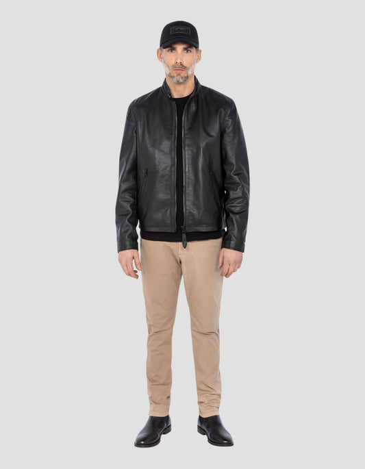 Blouson motard noir, cuir d'agneau