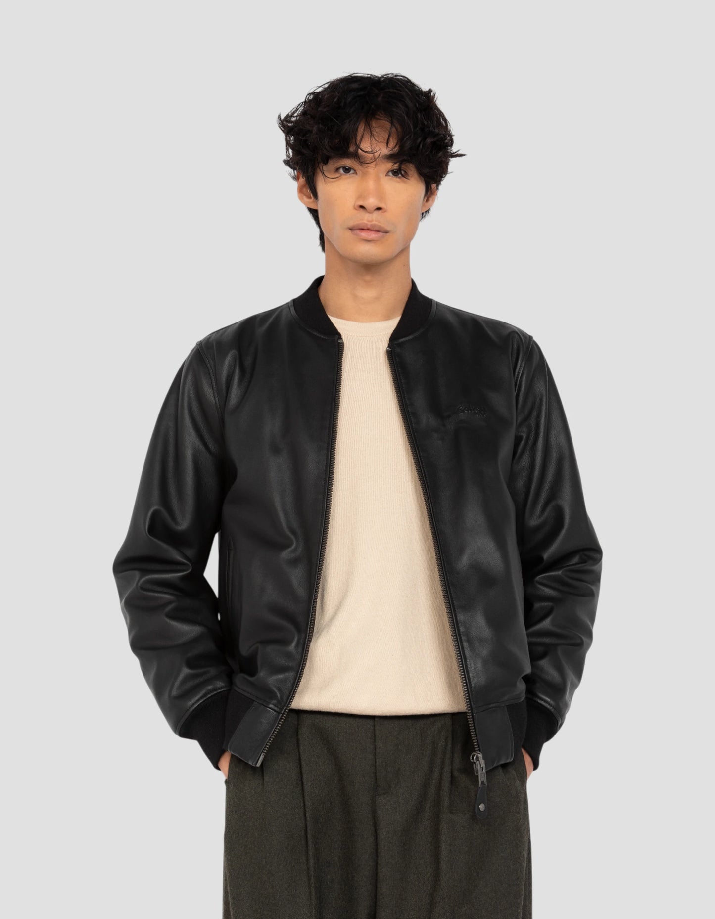 Blouson noir casual, cuir d'agneau