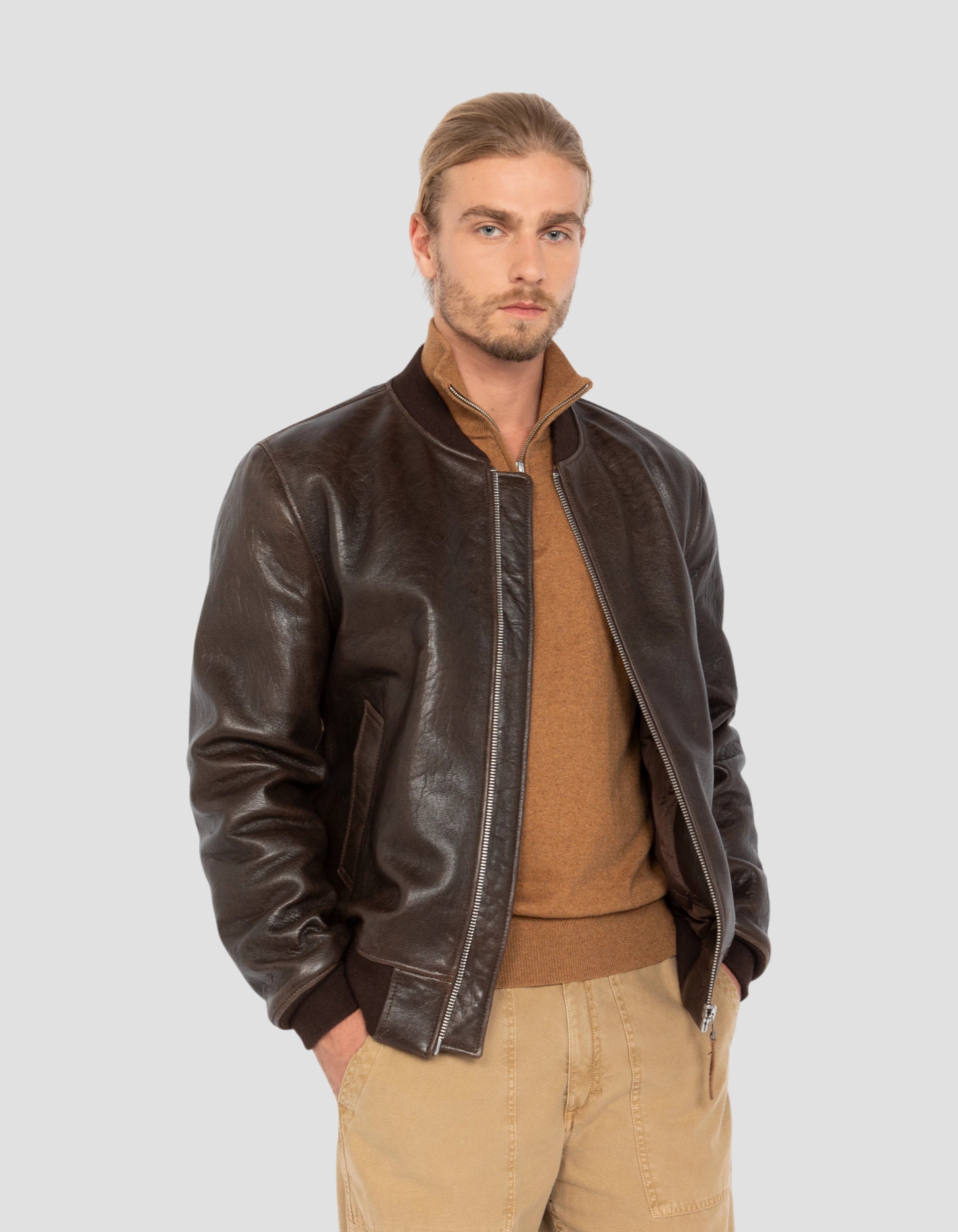 Blouson marron casual vintage, cuir d'agneau-4