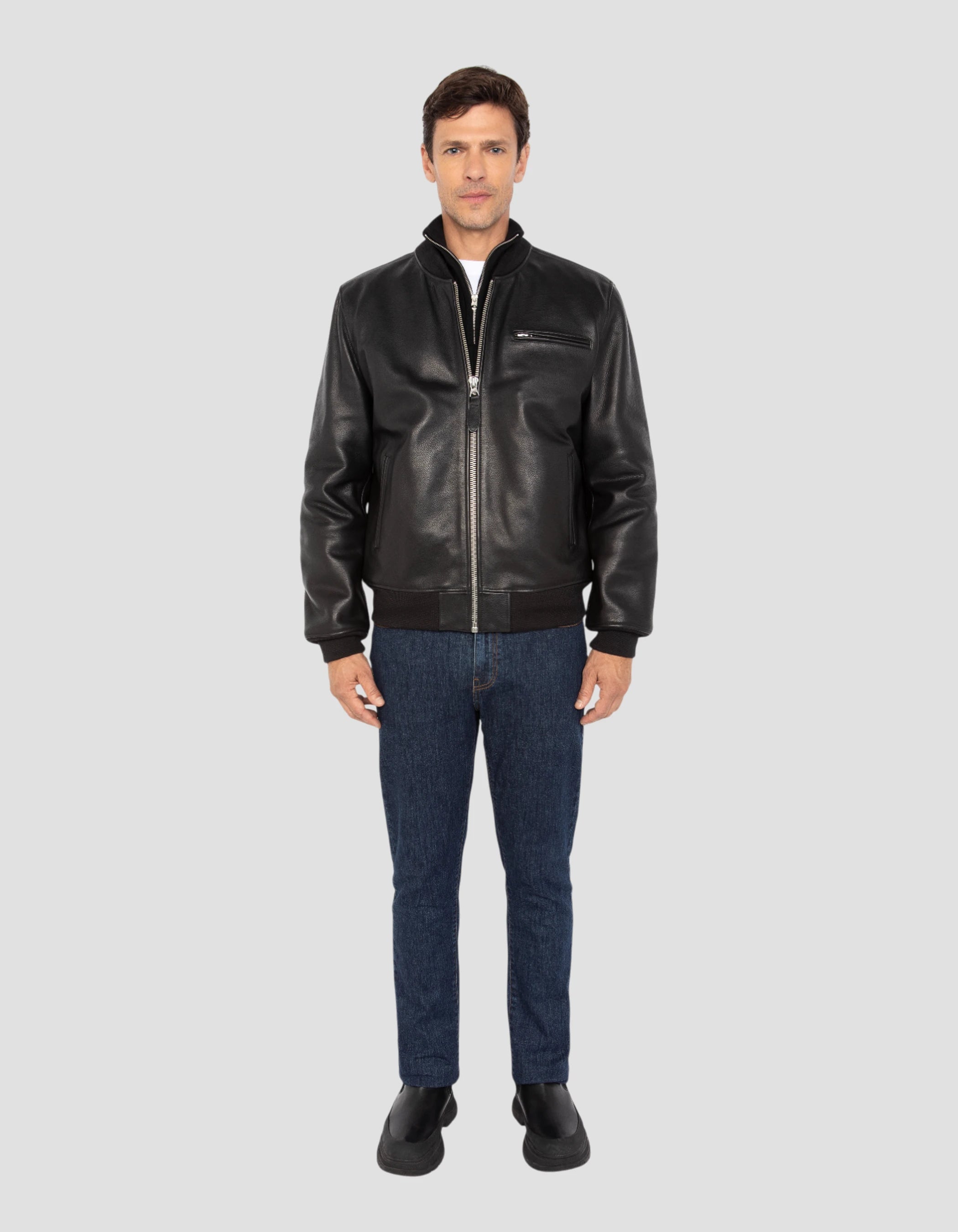 Blouson noir casual, cuir de vachette grainé-1