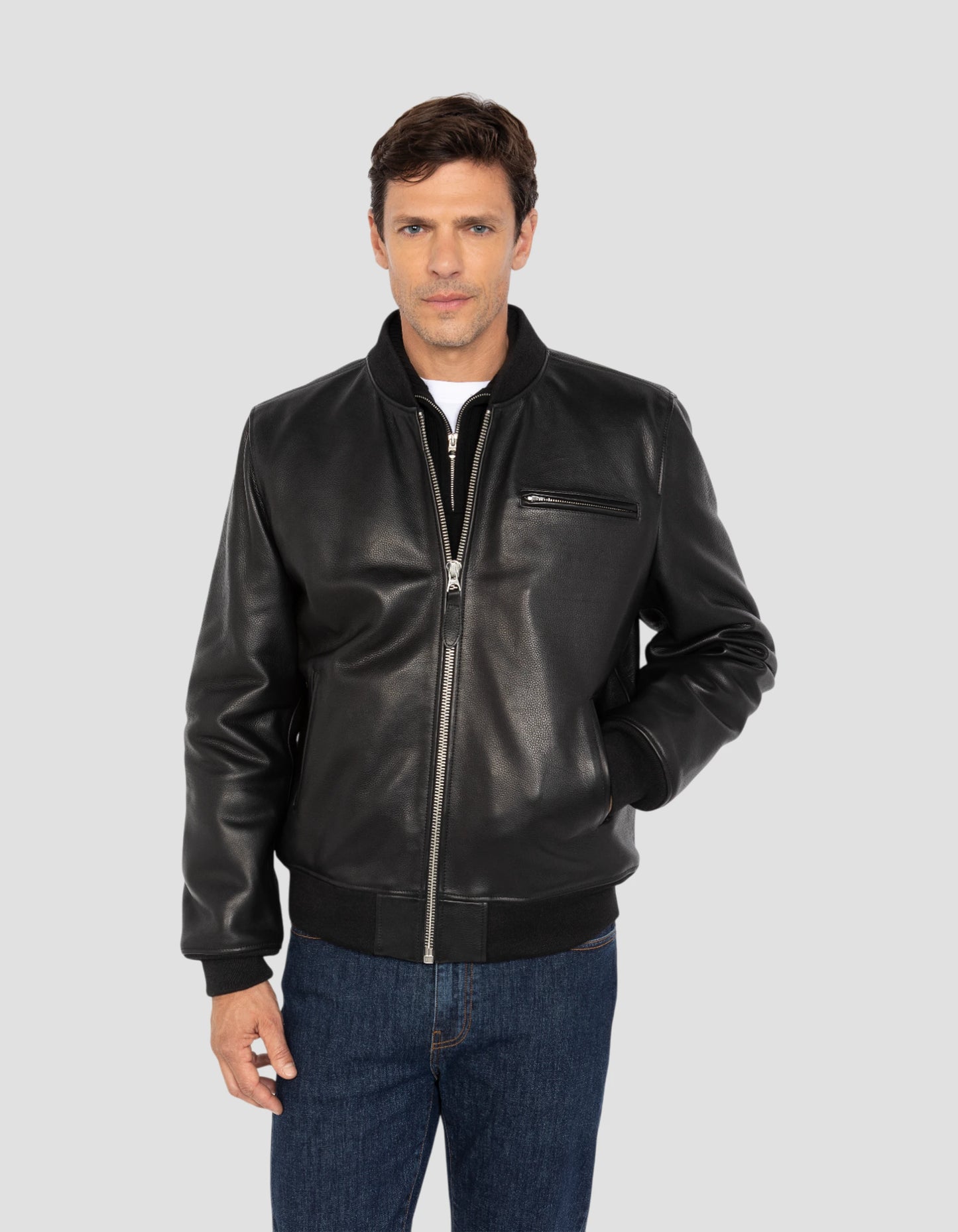 Blouson noir casual, cuir de vachette grainé