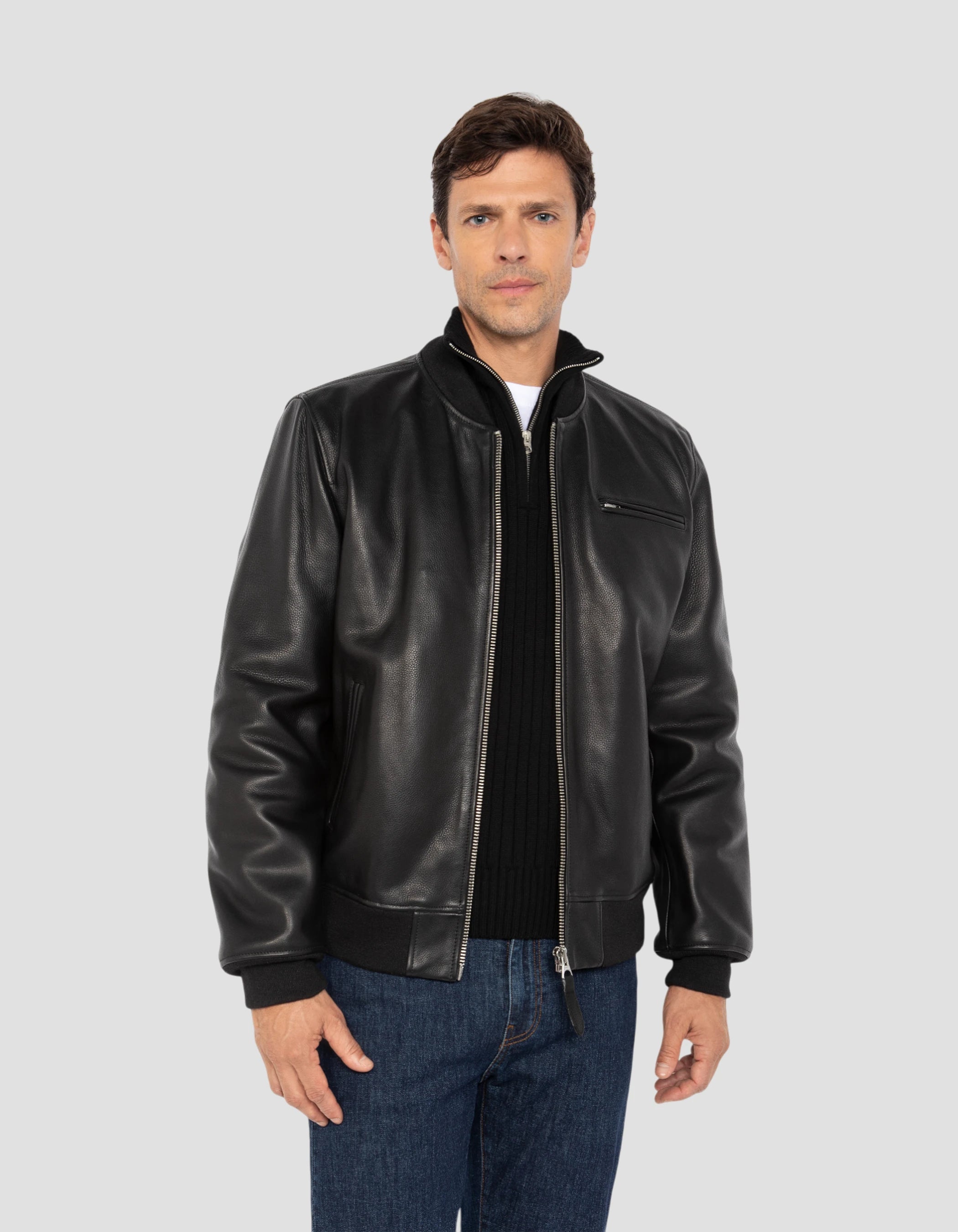Blouson noir casual, cuir de vachette grainé-4
