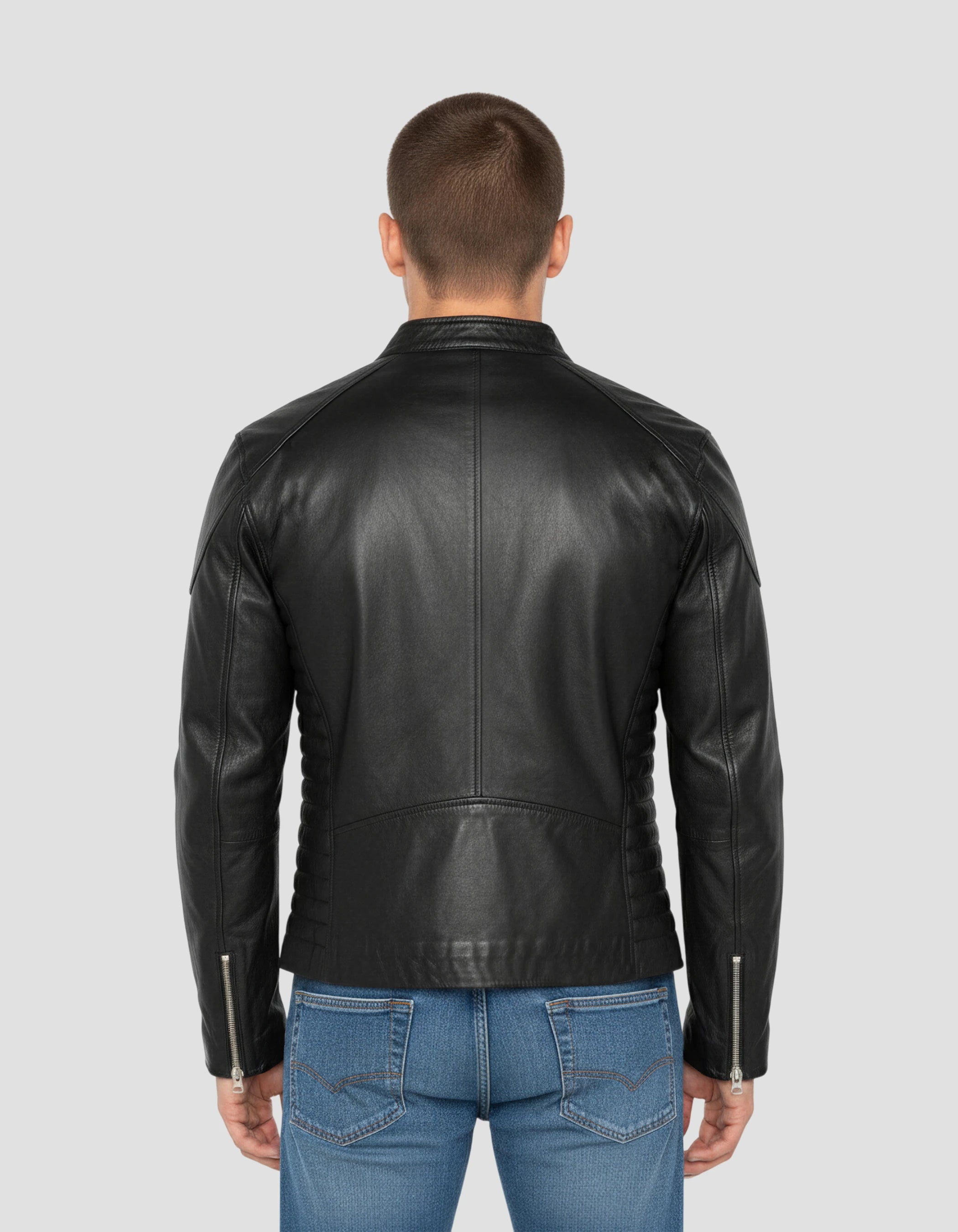 Giacca da motociclista nero, pelle di agnello-4