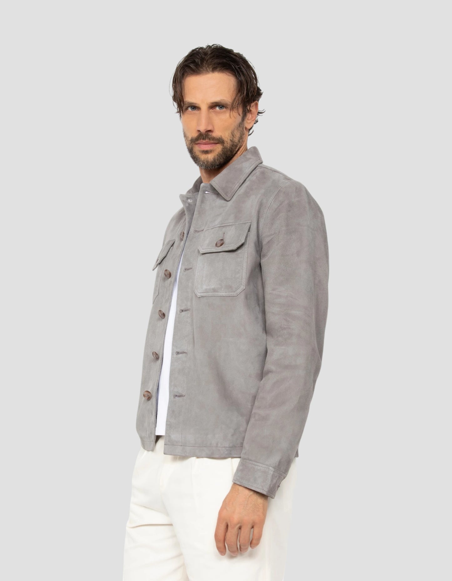 Hellgraues Arbeiter-Overshirt, Ziegenleder