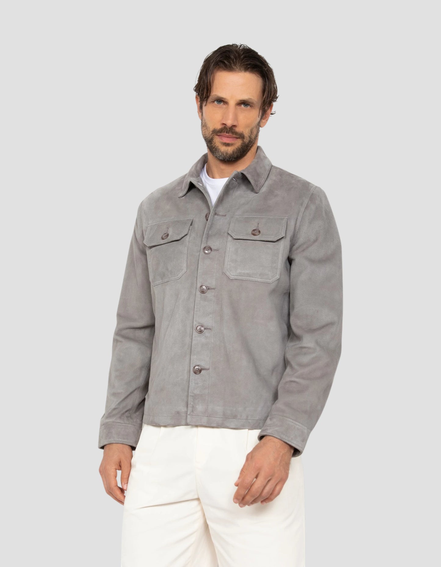 Hellgraues Arbeiter-Overshirt, Ziegenleder