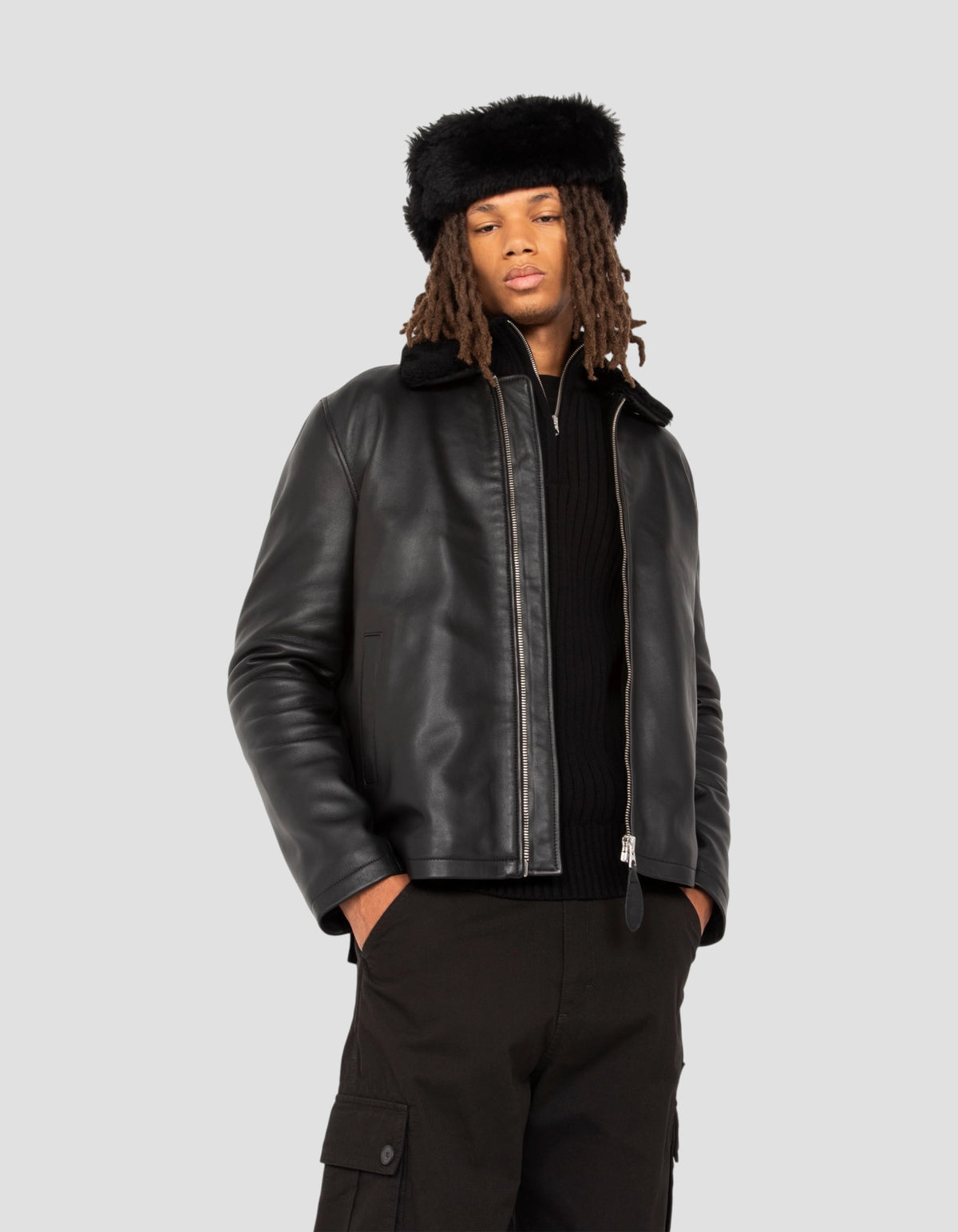 Blouson casual noir, cuir d'agneau