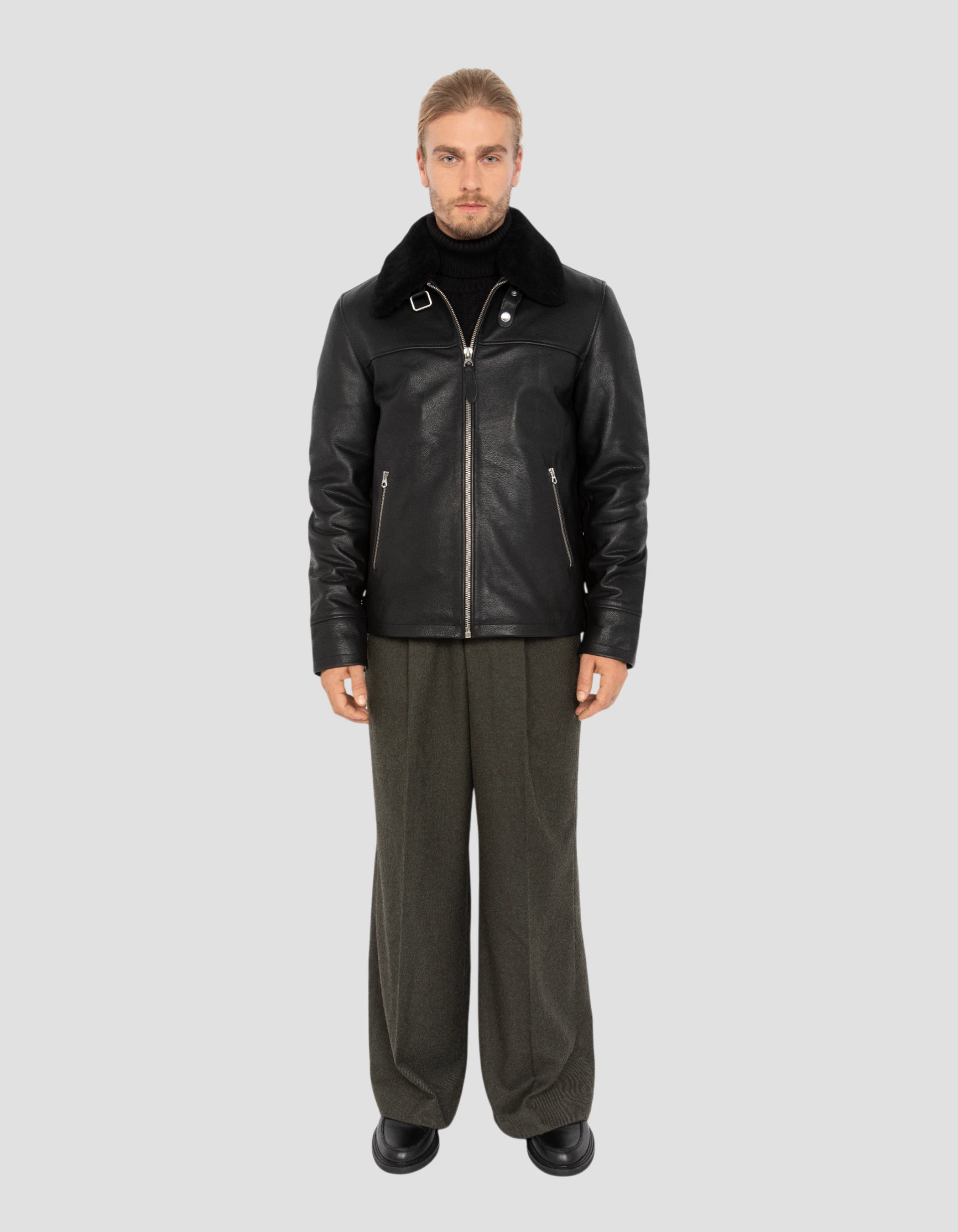 Blouson noir casual, cuir de vachette-1