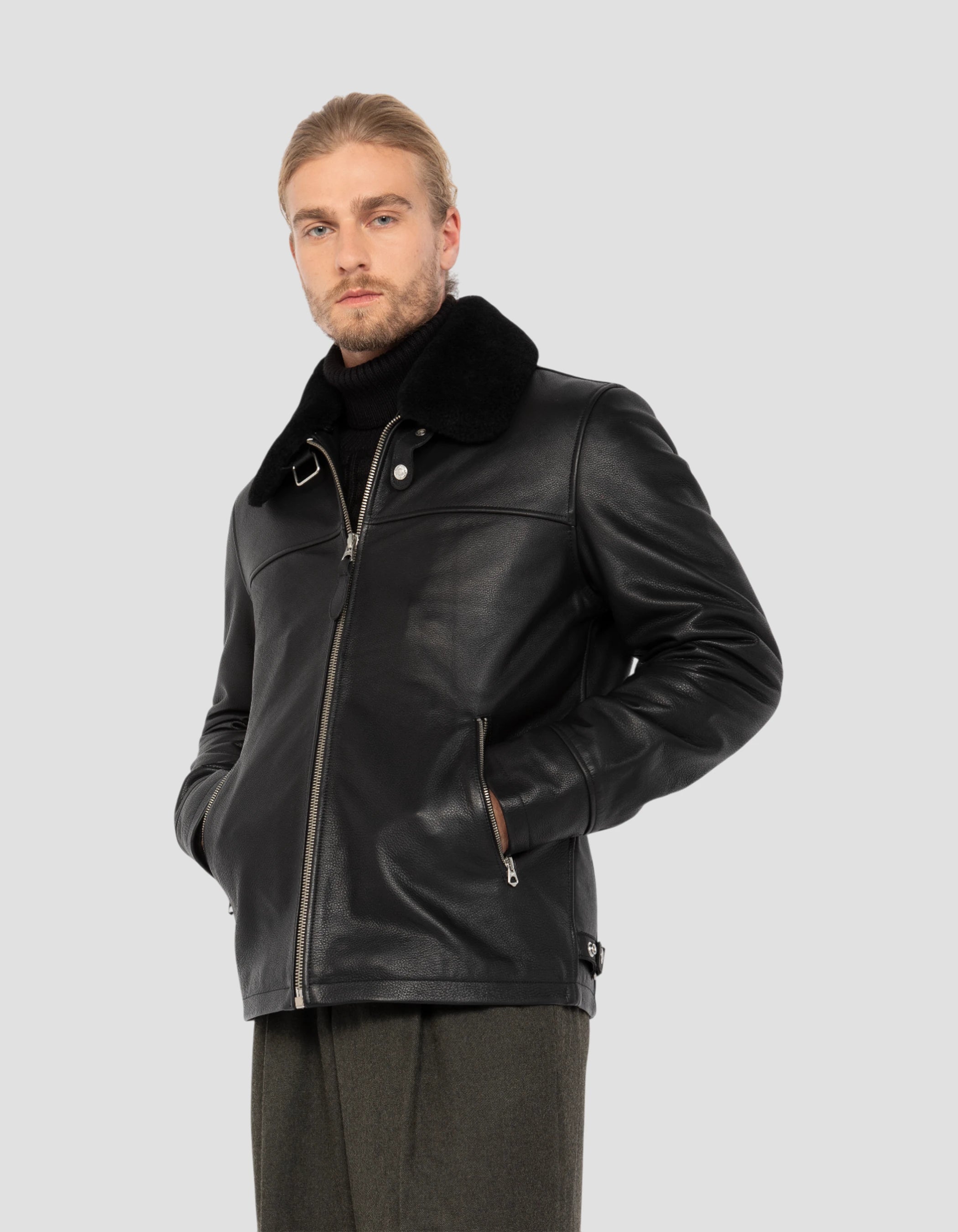 Blouson noir casual, cuir de vachette-3