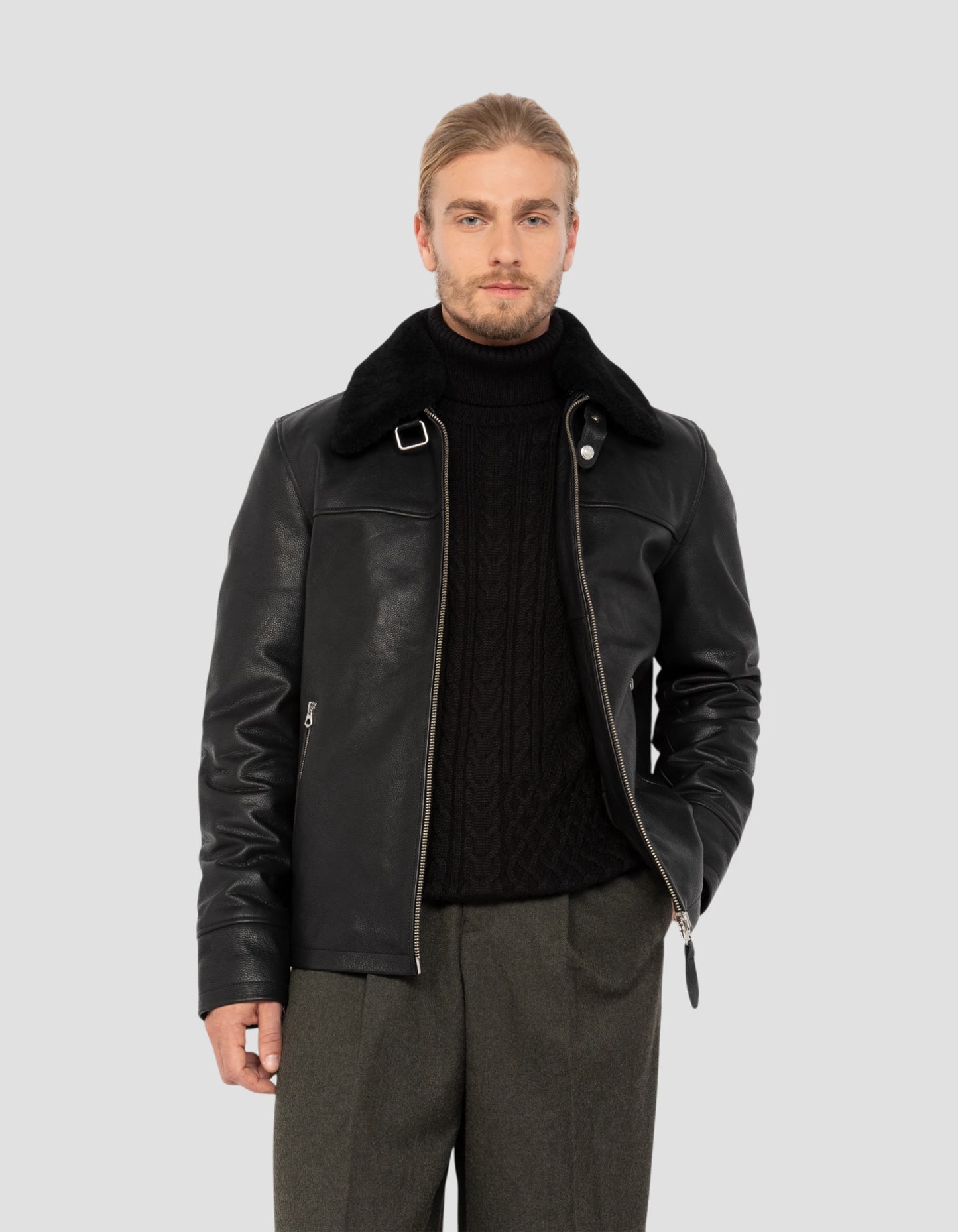 Blouson noir casual, cuir de vachette