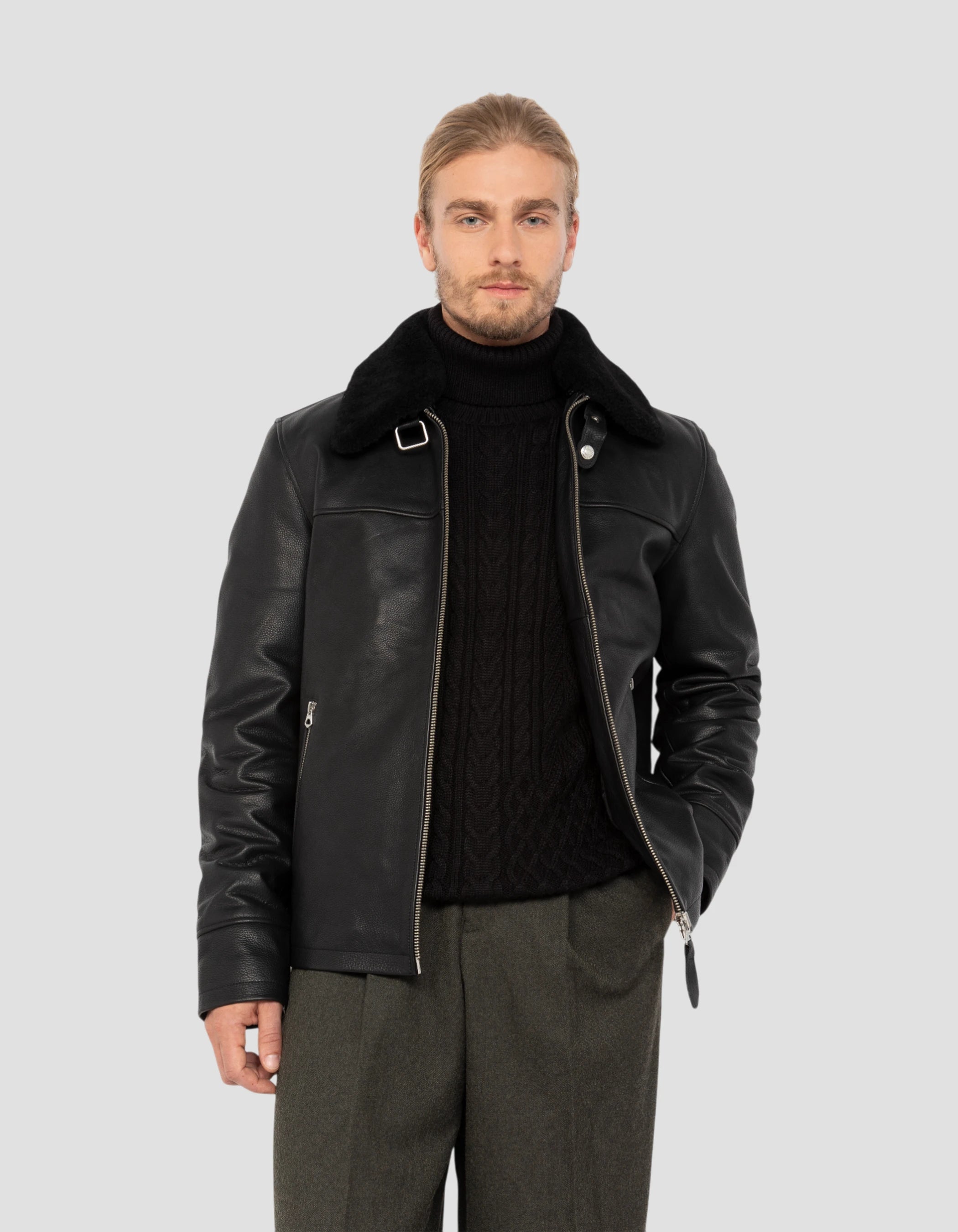 Blouson noir casual, cuir de vachette-4