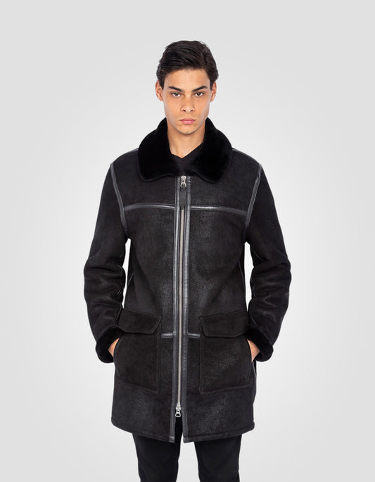 Manteau long double face, cuir de mouton