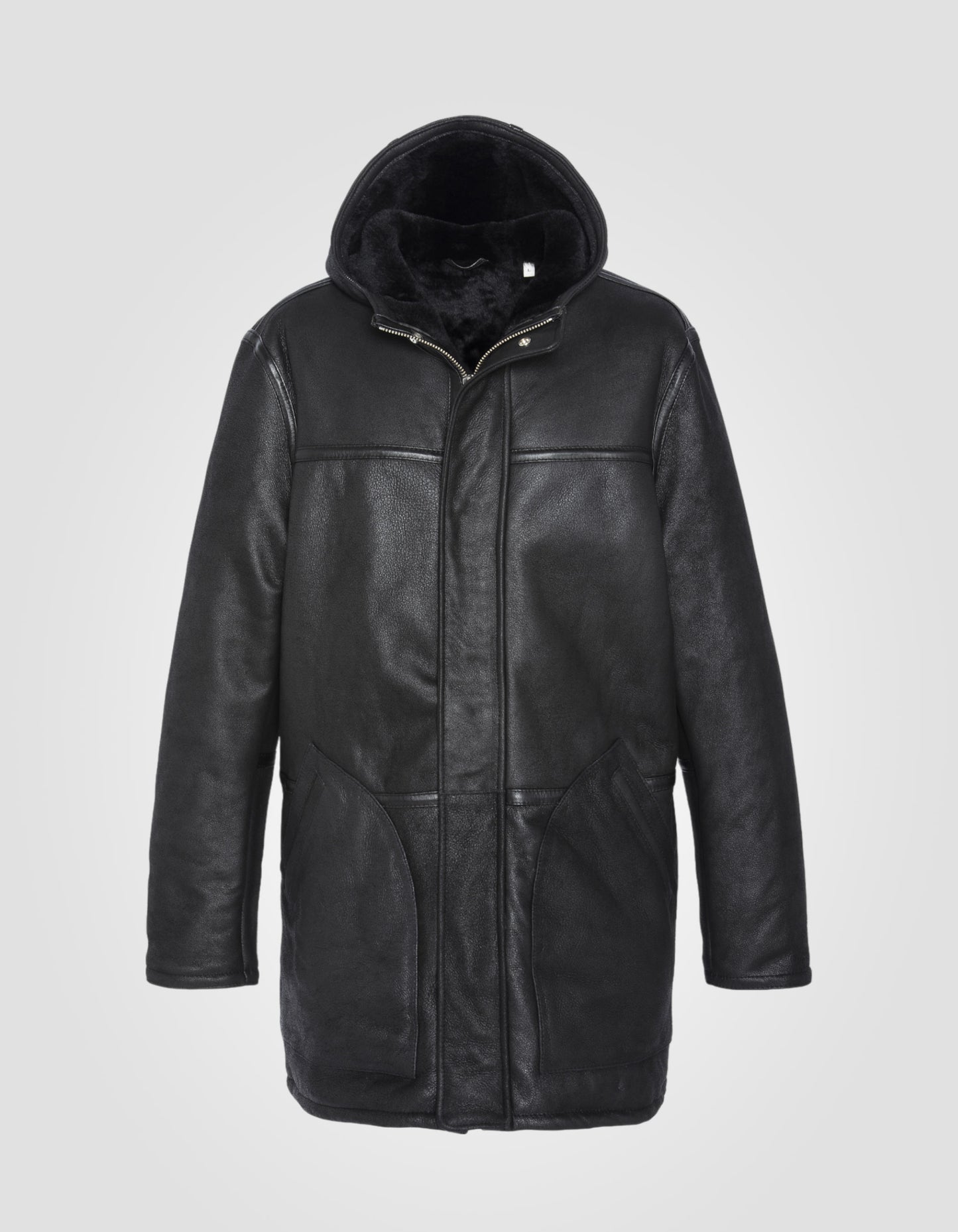 Manteau à capuche fixe, cuir de mouton