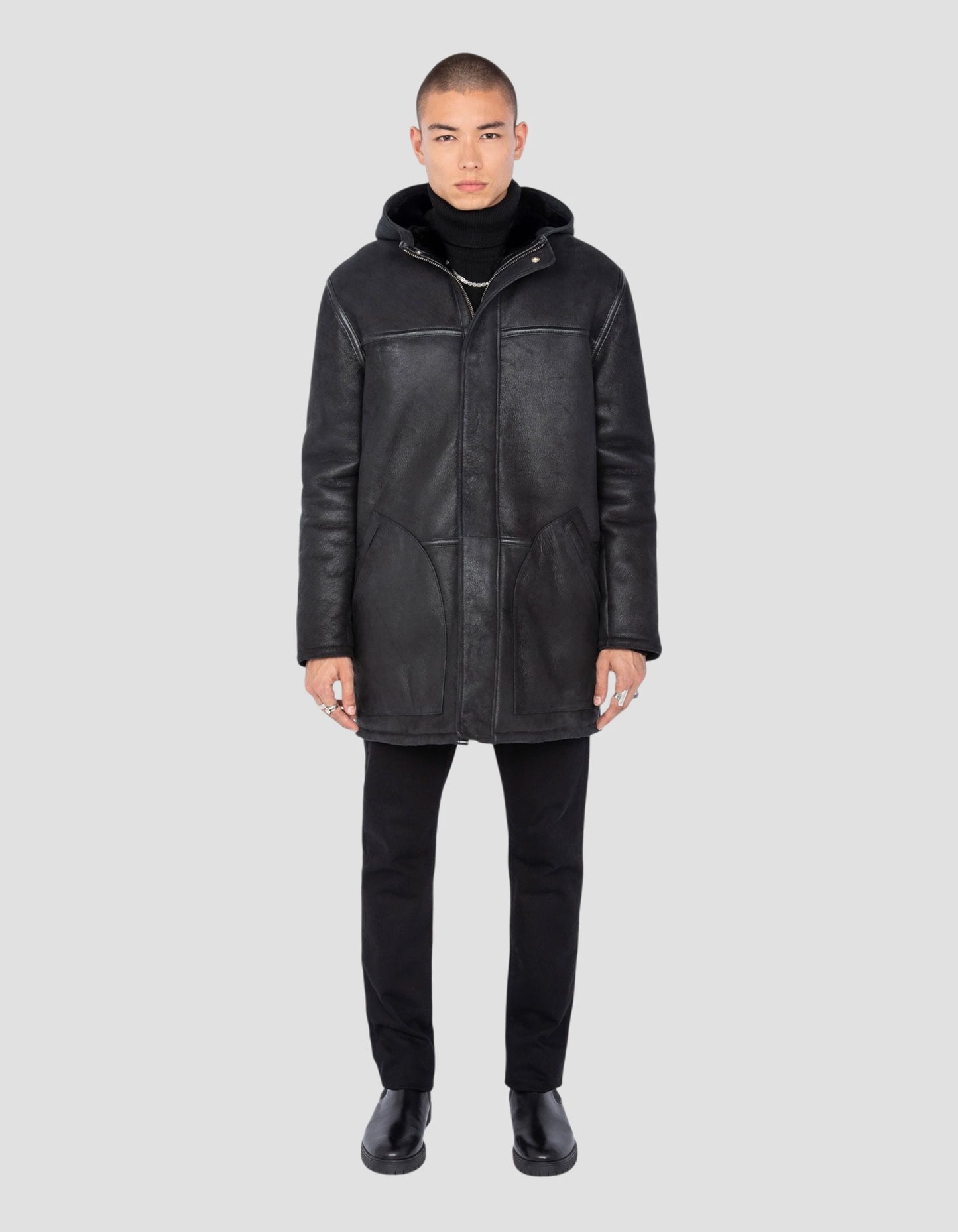 Hooded black coat, sheep leather