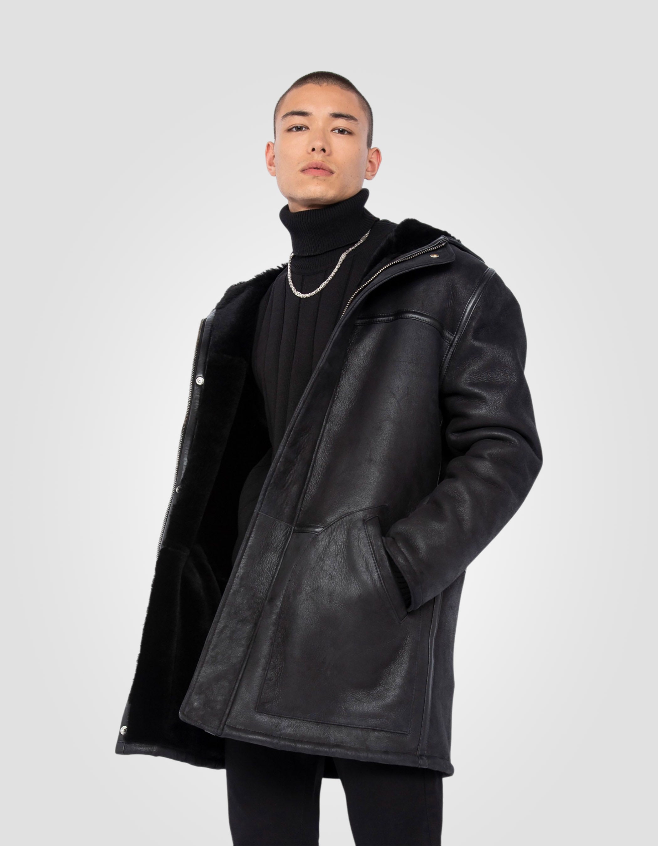 Hooded black coat, sheep leather-4