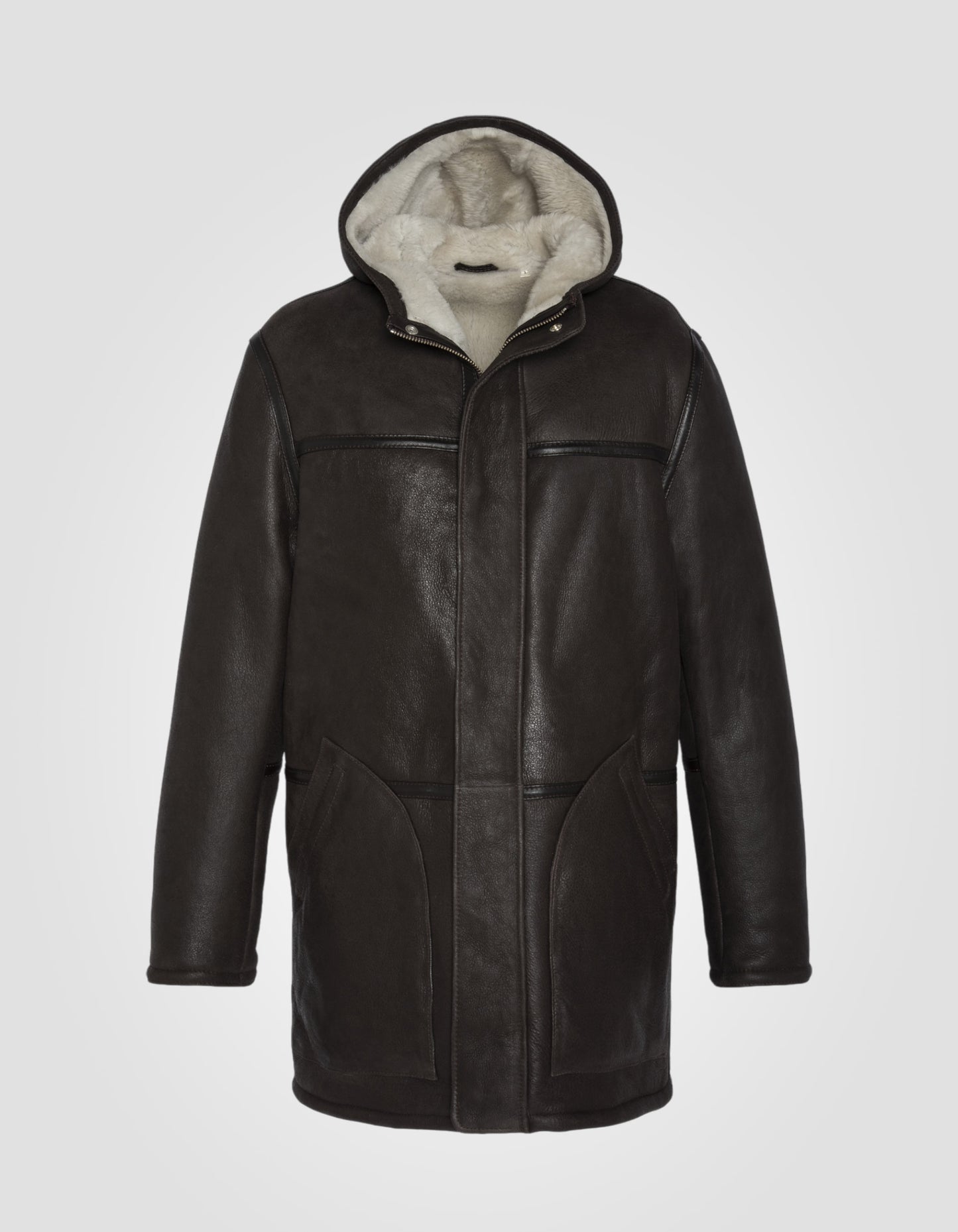 Manteau à capuche fixe, cuir de mouton