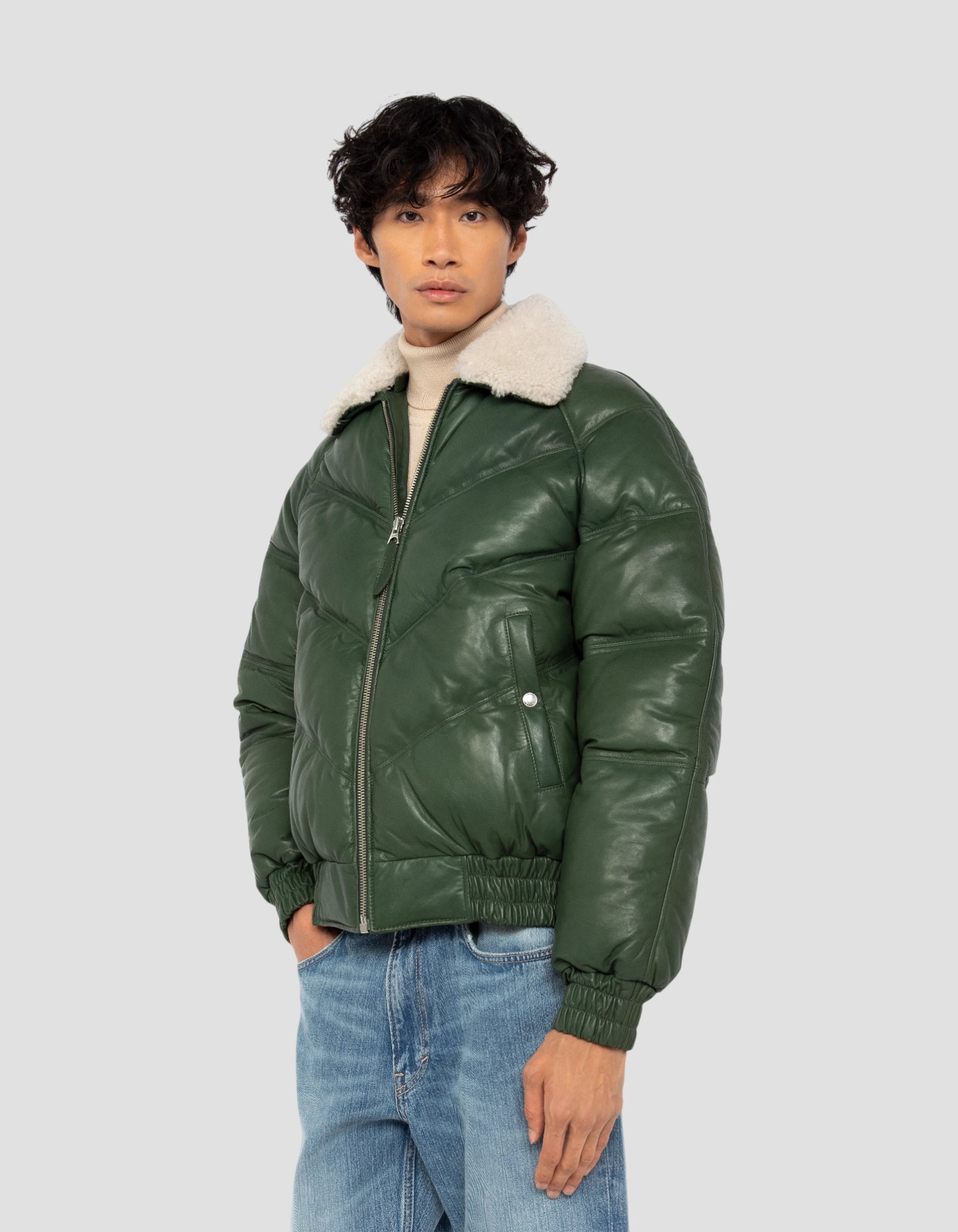 Chaqueta retro de ropa de calle verde, cuero de cuero de vaca-3