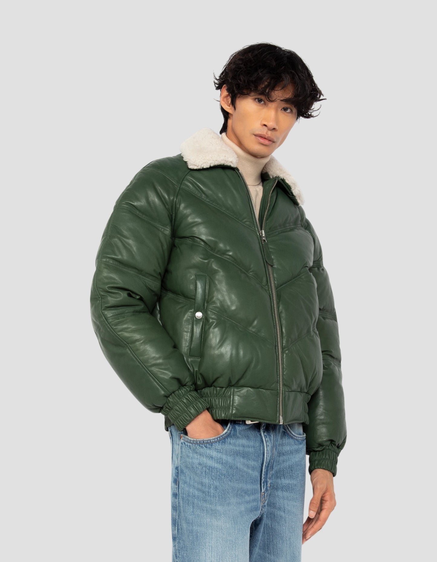 Chaqueta retro de ropa de calle verde, cuero de cuero de vaca