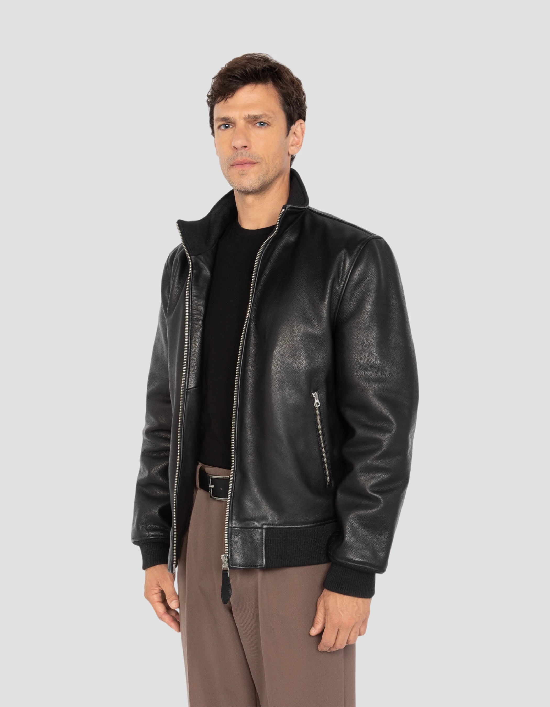 Blouson noir rétro, cuir de vachette grainé-4