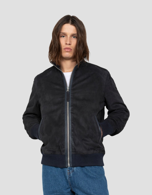 Blouson rétro bleu marine, chèvre velours