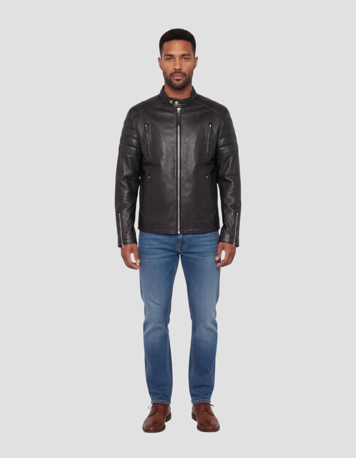 Blouson motard noir, cuir d'agneau