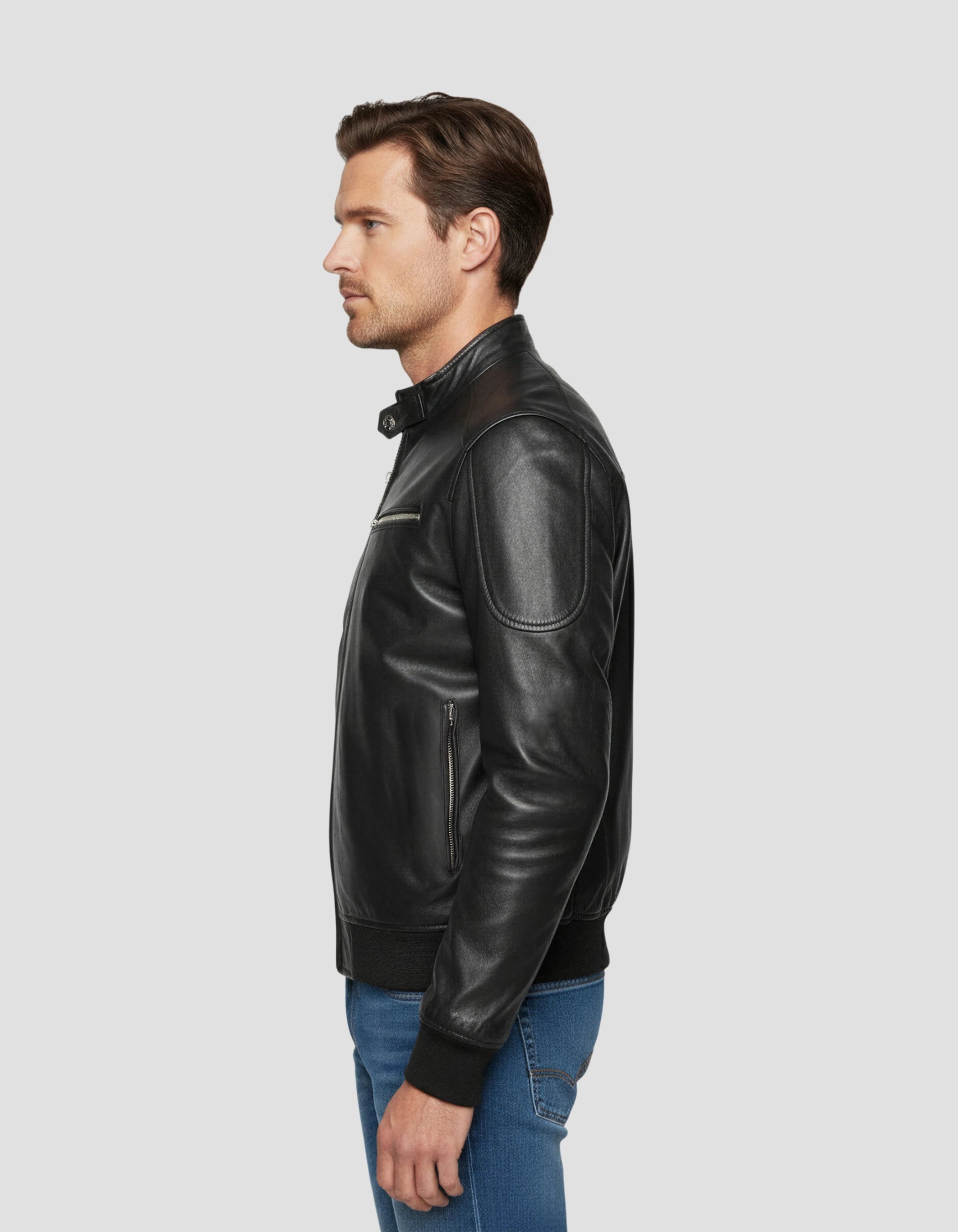 Giacca per motociclisti neri multipoche, pelle di agnello-3