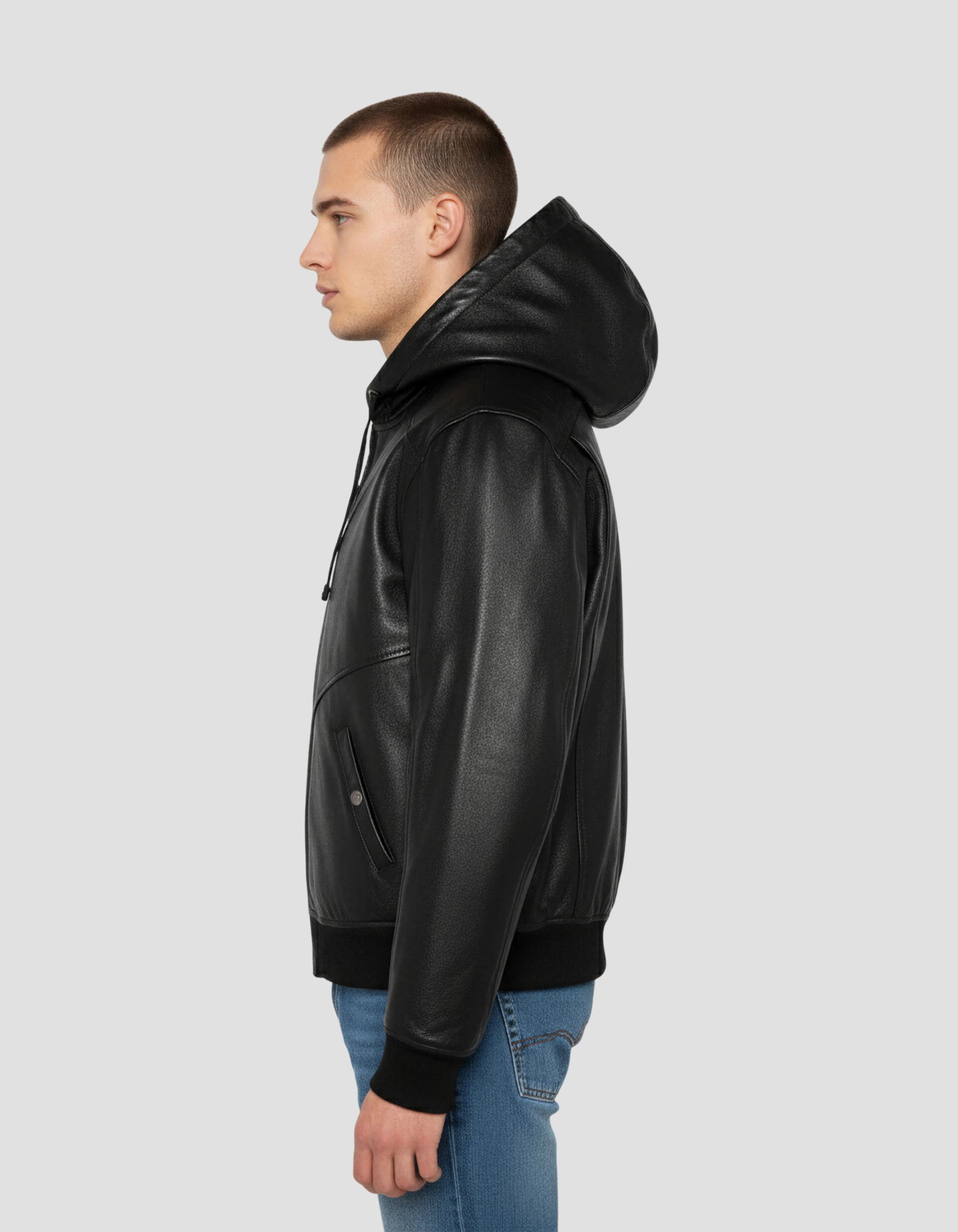 Giacca con cappuccio nero, pelle di agnello-3
