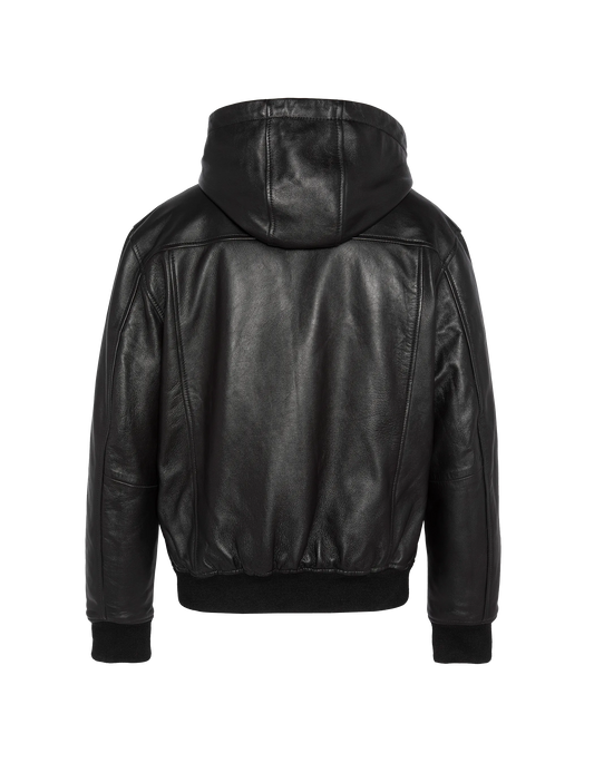 B-3 hooded black bomber jacket, sheepskin leather, plus size