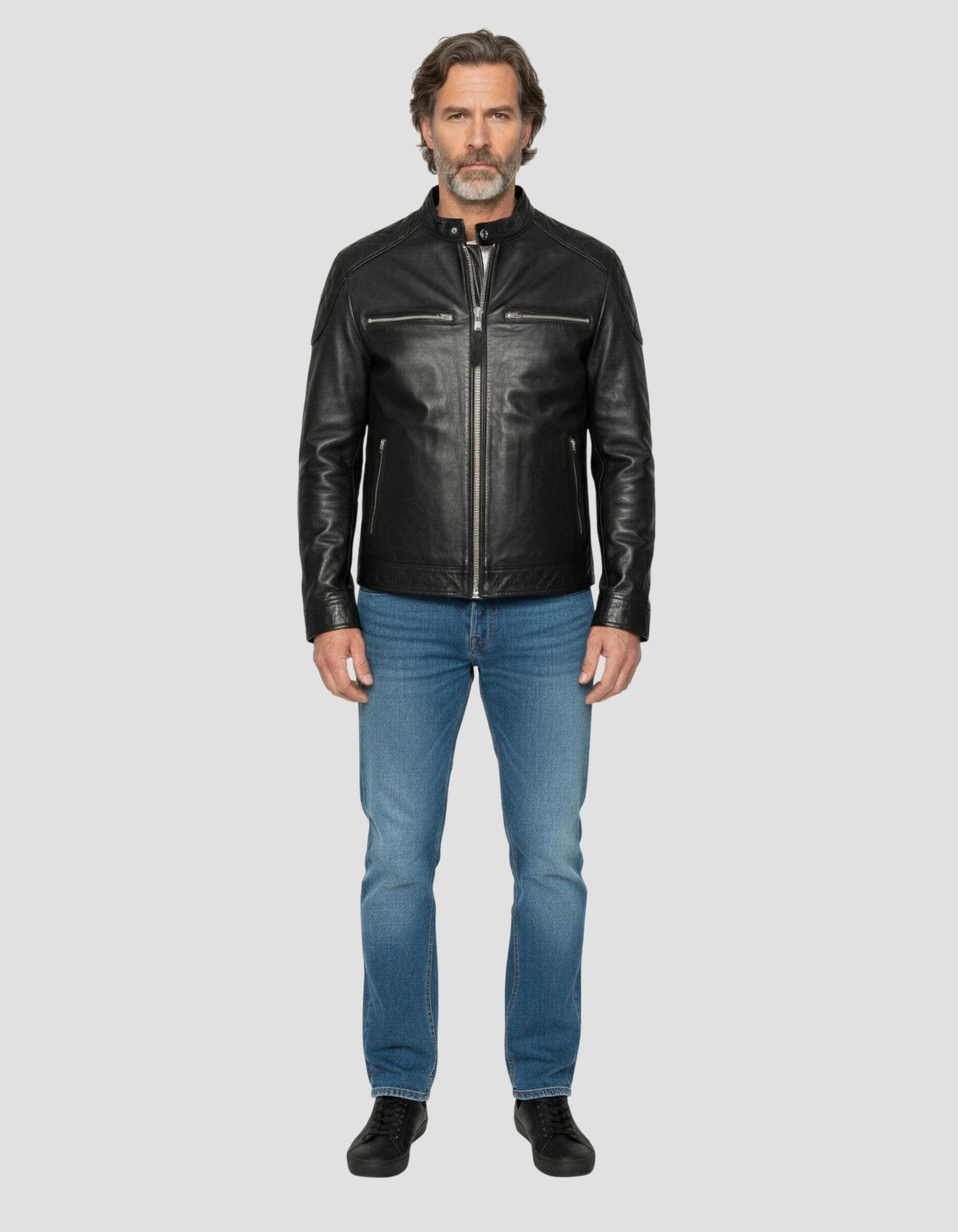 Giacca da motociclista nero, pelle di agnello-1