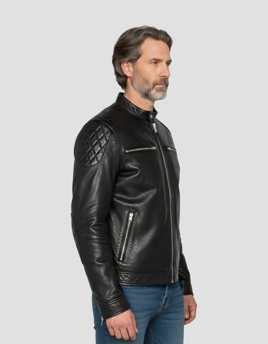 Chaqueta de motociclista negro, cuero de cordero